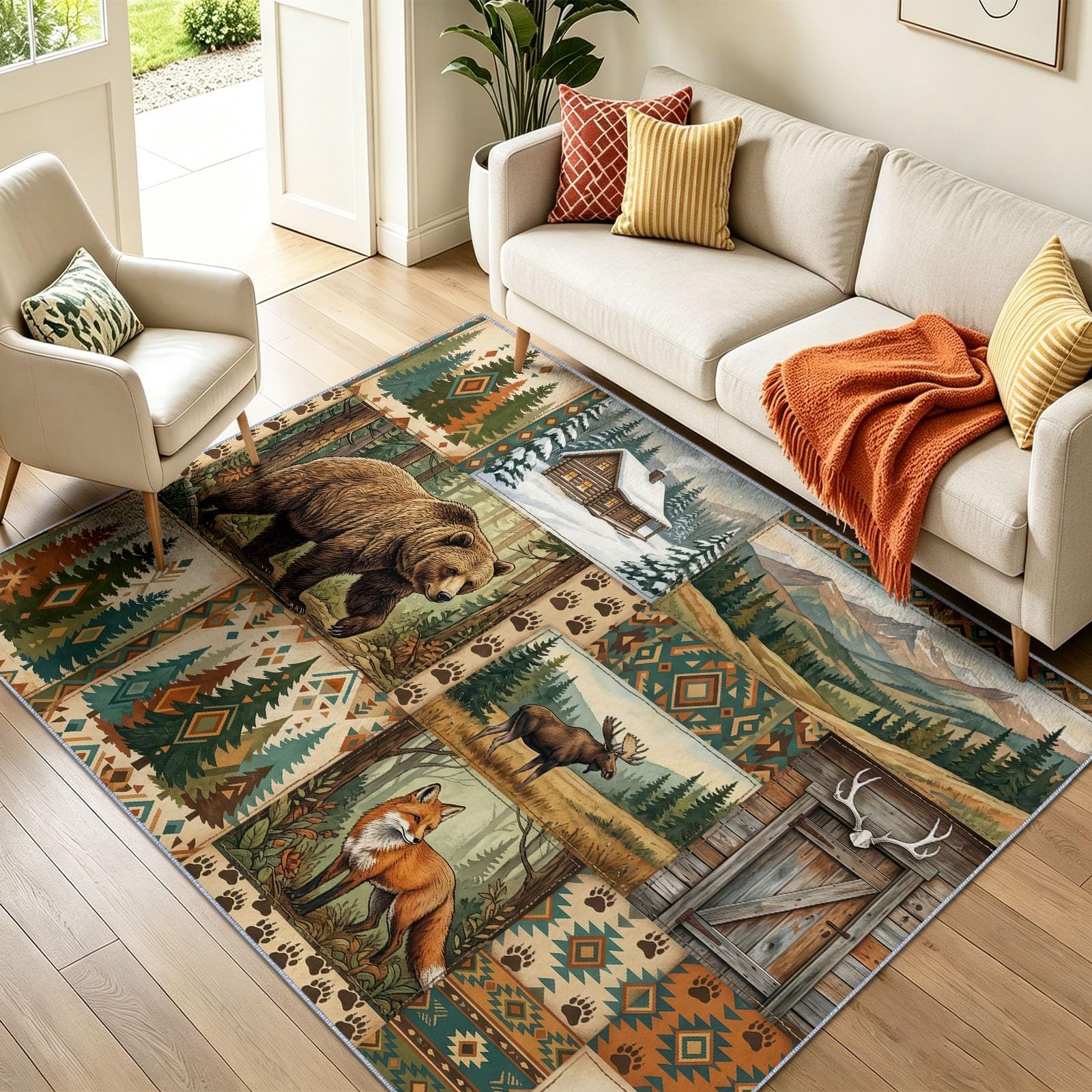 Machine Washable Rug 80x150 cm, Vintage Patchwork Soft Non-Slip & Shedding Indoor Carpet, Countryside Forest Animals Pattern Pet & Child Friendly Easy Clean Rugs for Bedroom Hallway Office, Brown