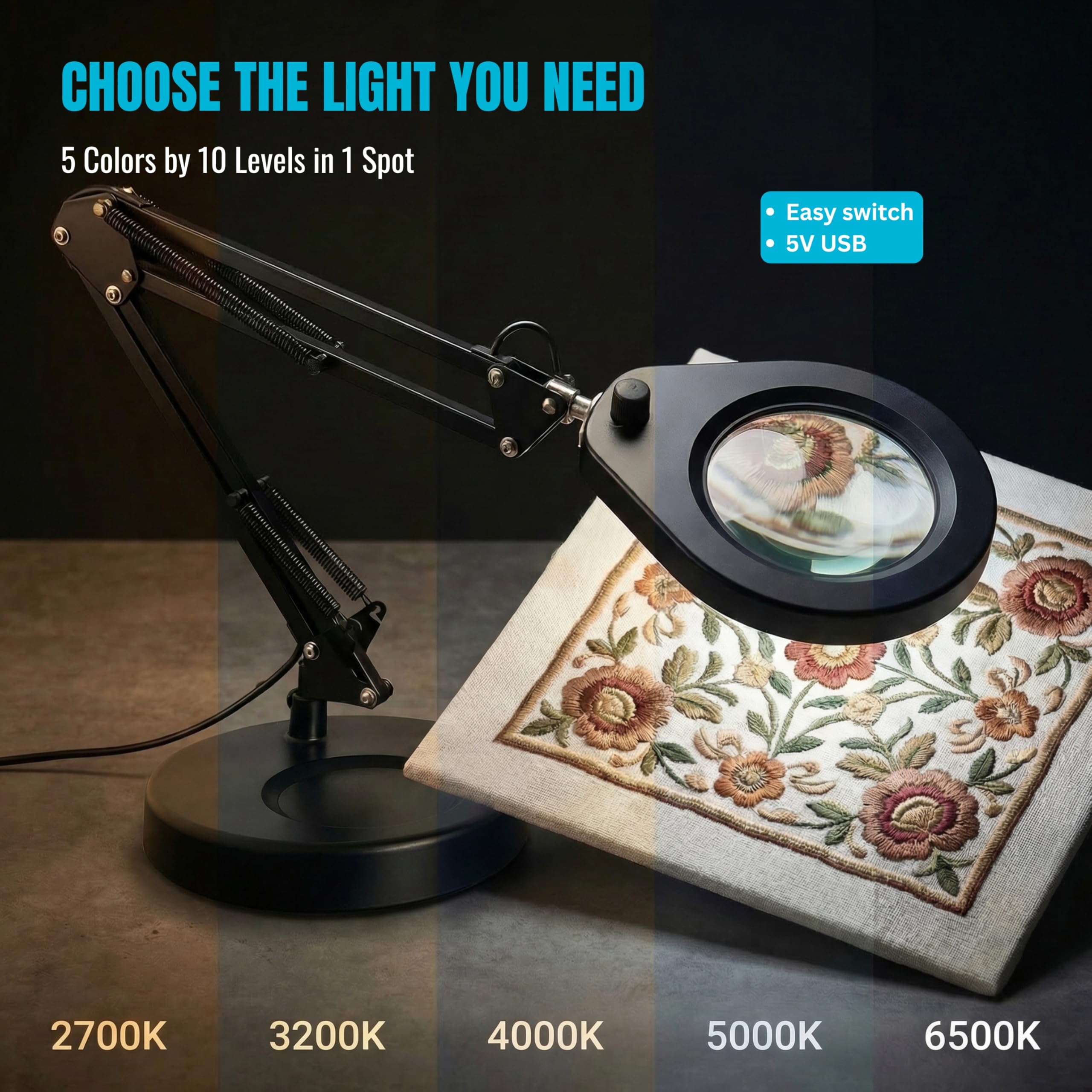 Lampa LED z lupą ze stojakiem i zaciskiem, lampa stołowa z lupą 10,5 cm, 5-krotna lupa, ściemniane światła w 5 kolorach i podwójny stojak do prac ręcznych, szczegółowych kontroli i hobby