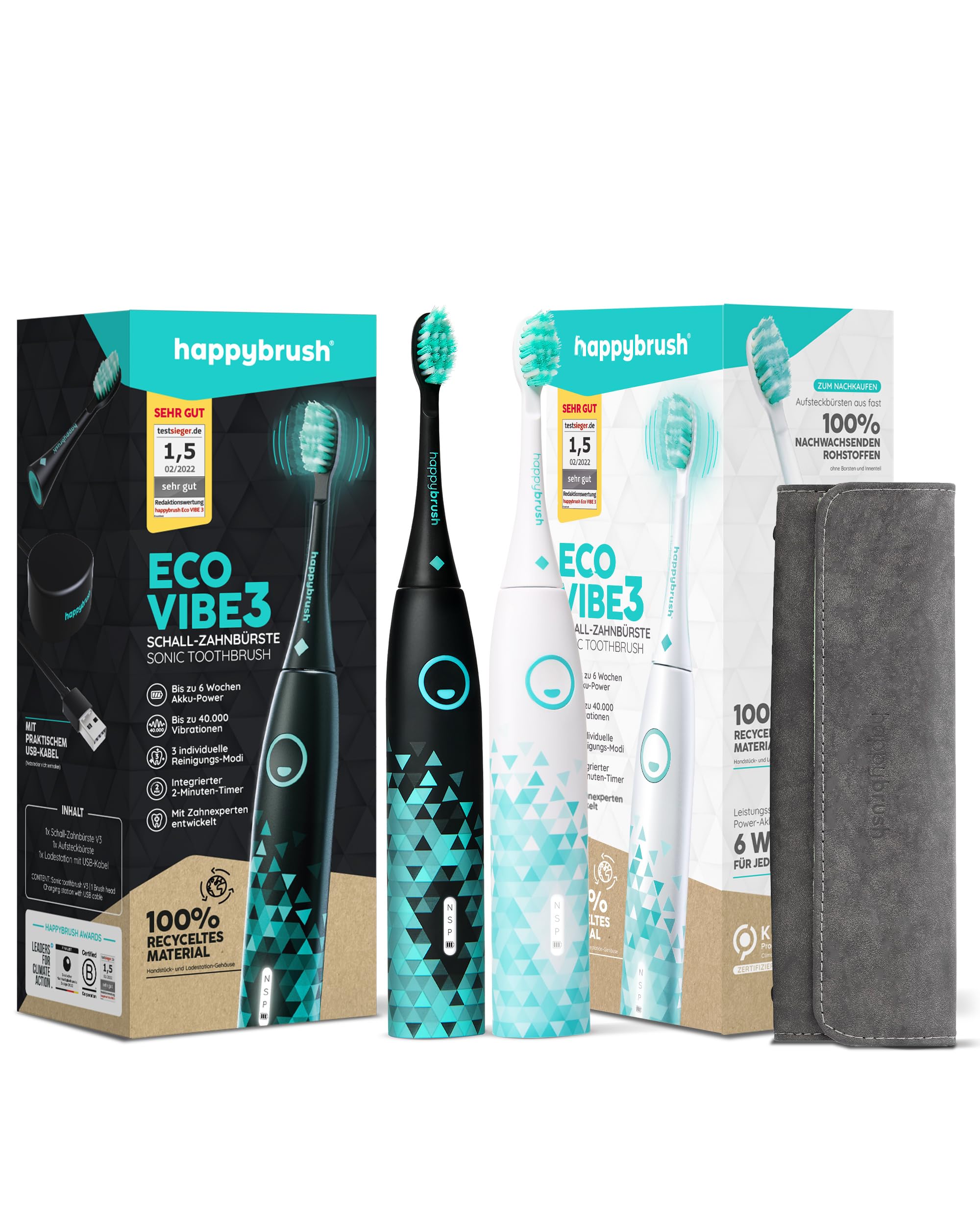 happybrush® Schallzahnbürste Doppelpack inkl. Reiseetui | Eco VIBE 3 Nachhaltige Elektrische Zahnbürste | Mit 6 Wochen Power-Akku und praktischem Travel-Lock | Schwarz/Mint und Weiß/Mint