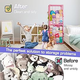 Trycooling Stuffed Animal Storage Zoo Stuffed Animal Holder Space Save Vertical Stuffed Animals Storage PVC with Elastic Band and Net for Playroom Bedroom Nursery (Pink 1)