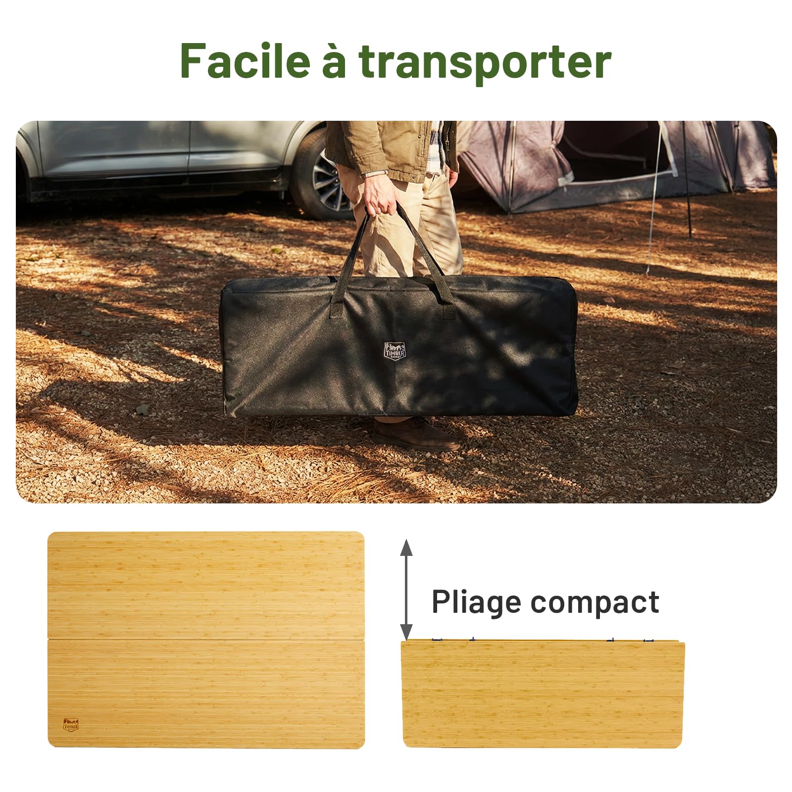 Timber Ridge Table Camping Pliante Bambou Hauteur Réglable 4-6 Personnes | Plateau en bambou élégant, hauteur réglable, table pliante pour 4-6 personnes avec sac de transport pour camping et jardin