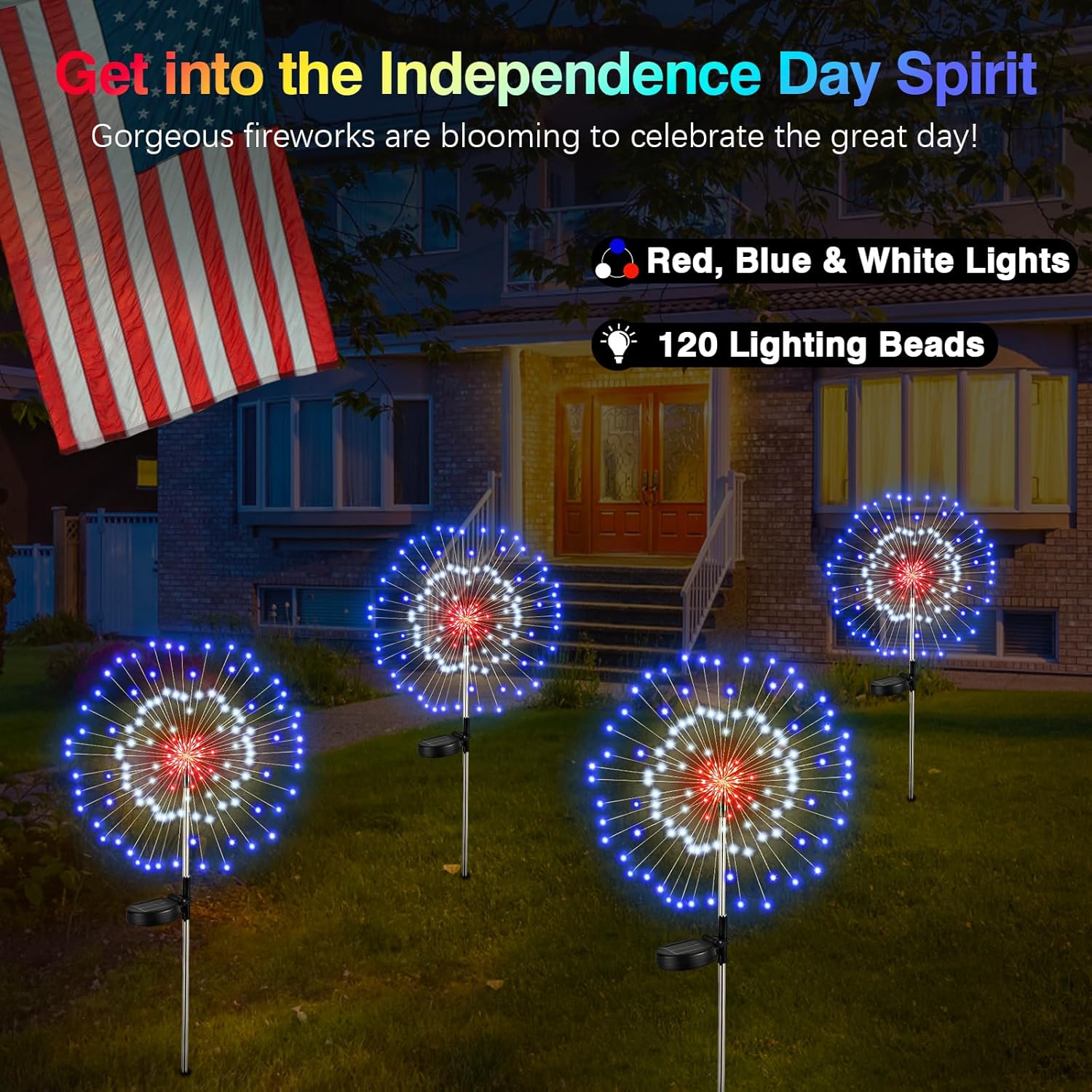 Lewondr 4th of July Firework Solar Garden Lights, Red Blue White Solar Firework Lights with 120 LED 2 Lighting Modes, Outdoor Waterproof Yard Lighting for Independence Day Memorial Day Decor, 4 Pack
