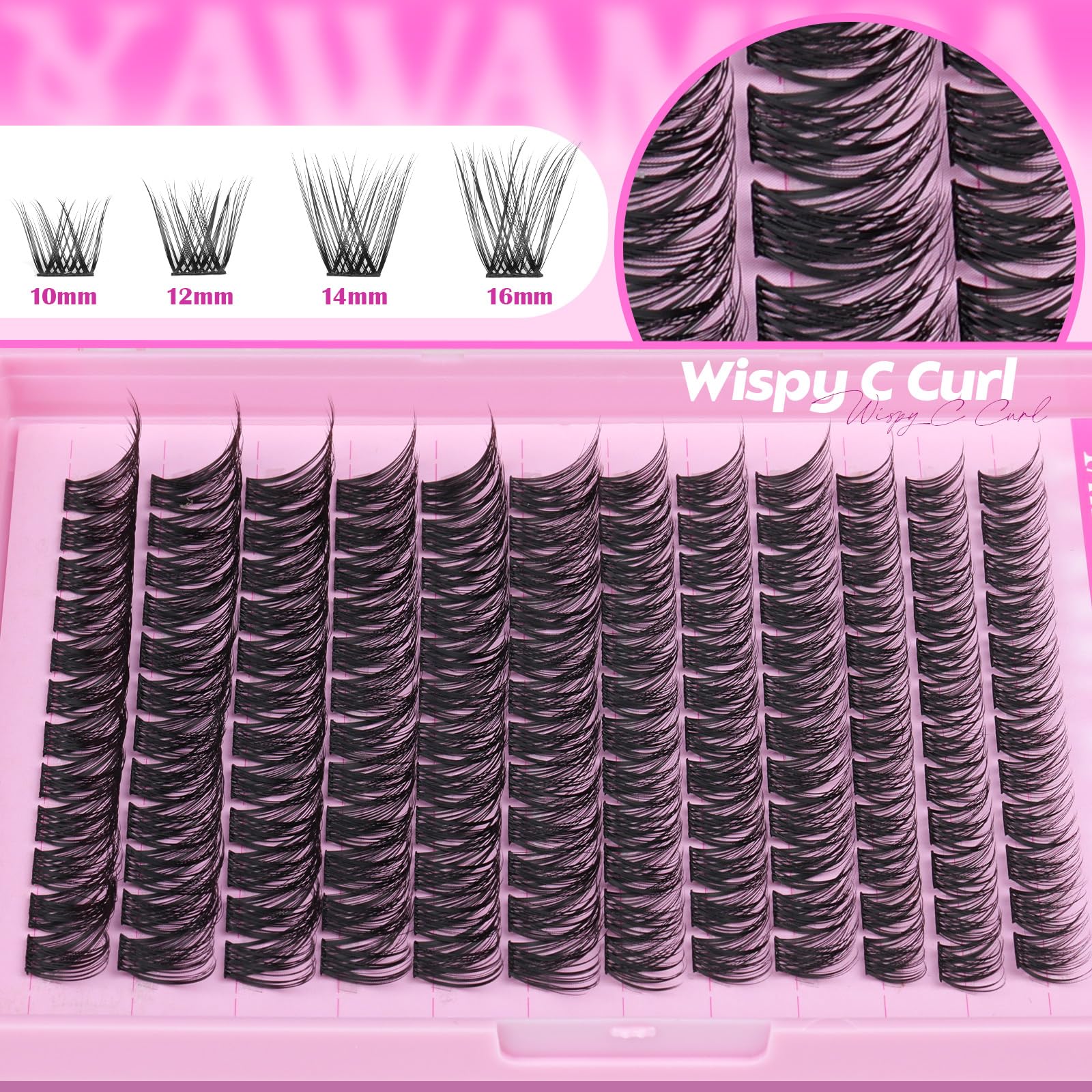 Yawamica Wispy Wimpern-Cluster, C-lockige Einzelwimpern, DIY-Cluster, 10–16 mm, natürliche Wimpernbügel, 144 Stück, weiche Wimpern-Cluster mit dünnem Wimpernband, DIY-Wimpern zur Selbstanwendung