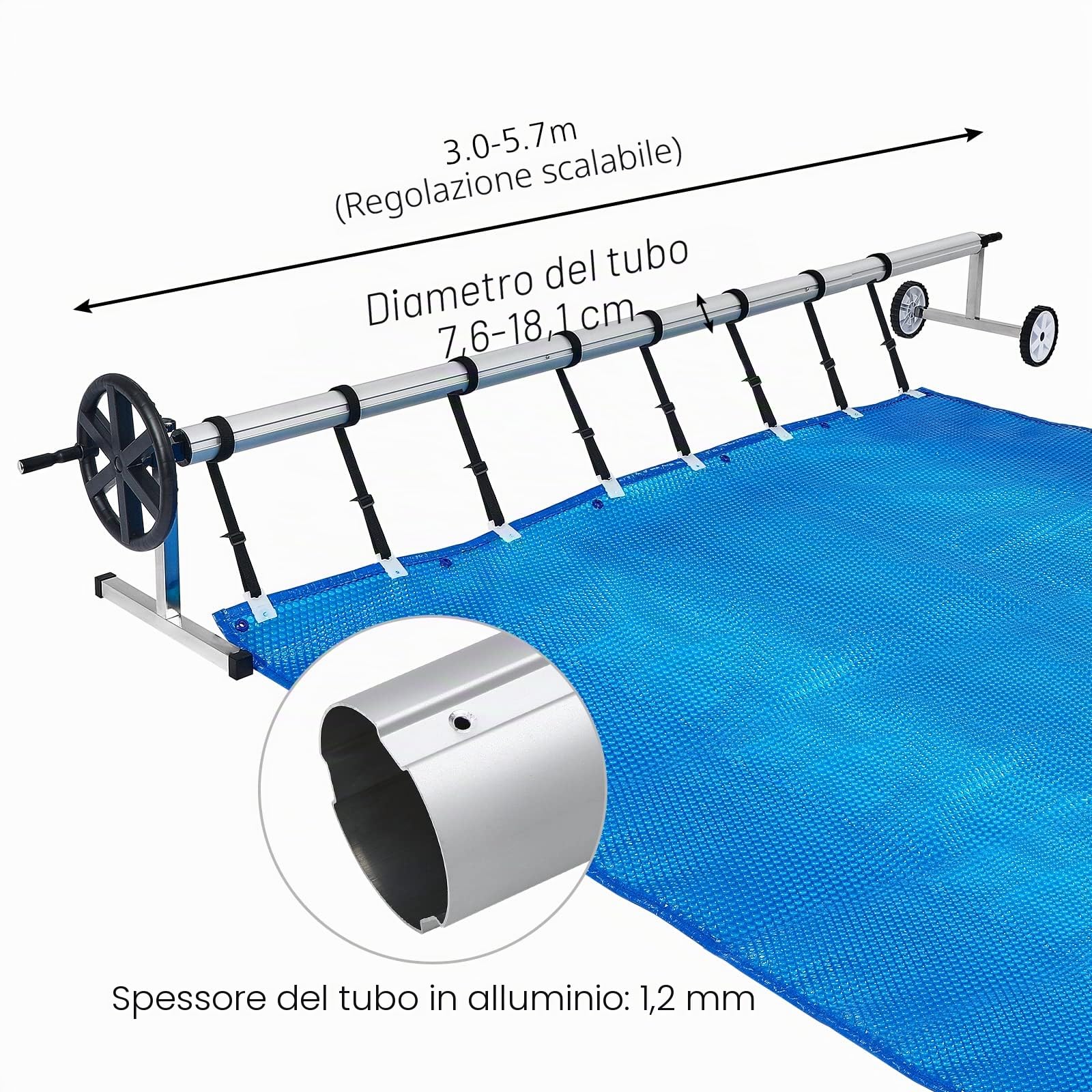 AufuN Avvolgitore per Piscina Premium 3 – 5,70 m, Sistema di avvolgimento Mobile per telone e Copertura, Materiale Resistente alle intemperie, con Fissaggio e Ruote