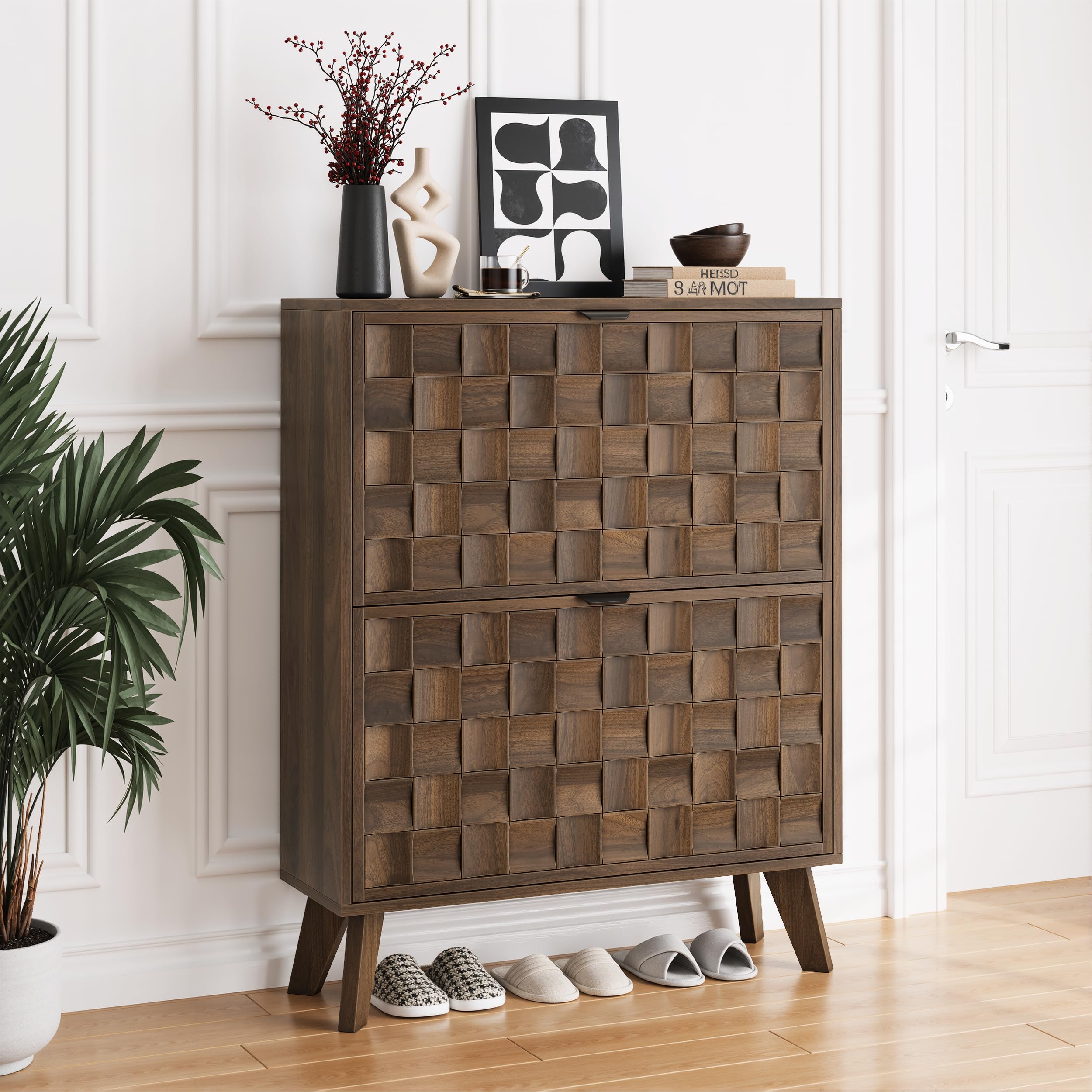 Smuxee Walnut Shoe Cabinet with 2 Flip Drawers, 29.6" Hidden Shoe Storage Cabinet with Embossed Checkerboard Doors, Freestanding Shoe Organizer Cabinet for Entryway, Hallway, Living Room