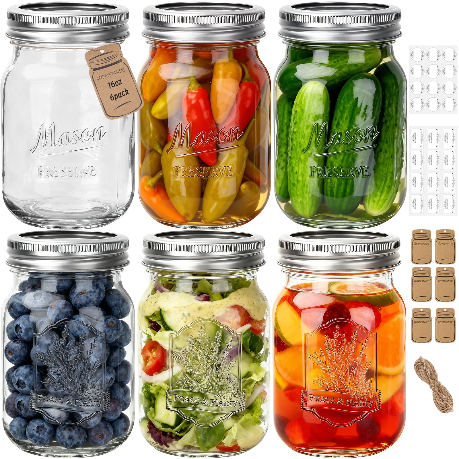Eathtek 16 oz Glass Mason Jars with Regular Lids, 6 Pack 500 ml Canning Jars With Labels, Tags & Twine for Jam Jelly Spice Honey Herbs, Shower Favors Food Storage Wedding & Party Decor