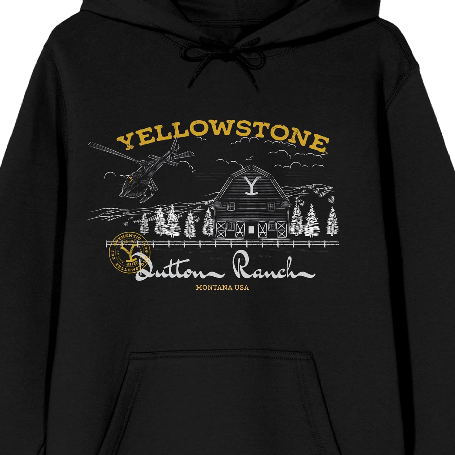 Bioworld Yellowstone Dutton Ranch Forest Composition Art Long Sleeve Men's Black Hooded Sweatshirt