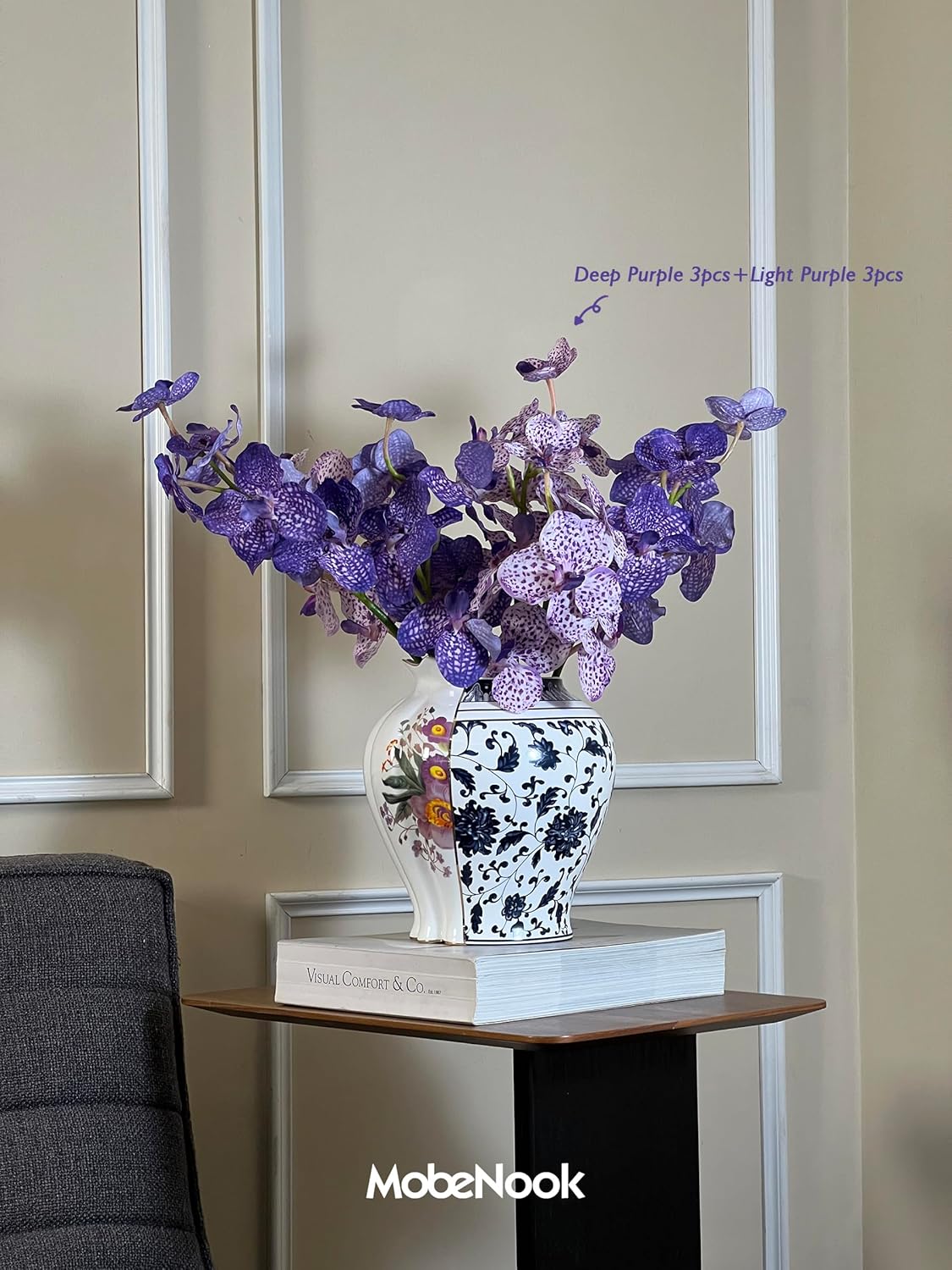 Purple Faux Vanda Orchid, Real Touch Artificial Flowers, 23.6" Faux Orchid Flowers Purple 7 Blooms for Home & Office Decor (3PCS,Deep Purple)