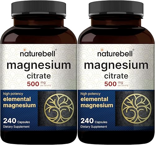 Paquete de 2 citratos de magnesio de 500 mg, 480 cápsulas, forma elemental de alta pureza, extrafuerte, mineral esencial para el corazón, los
