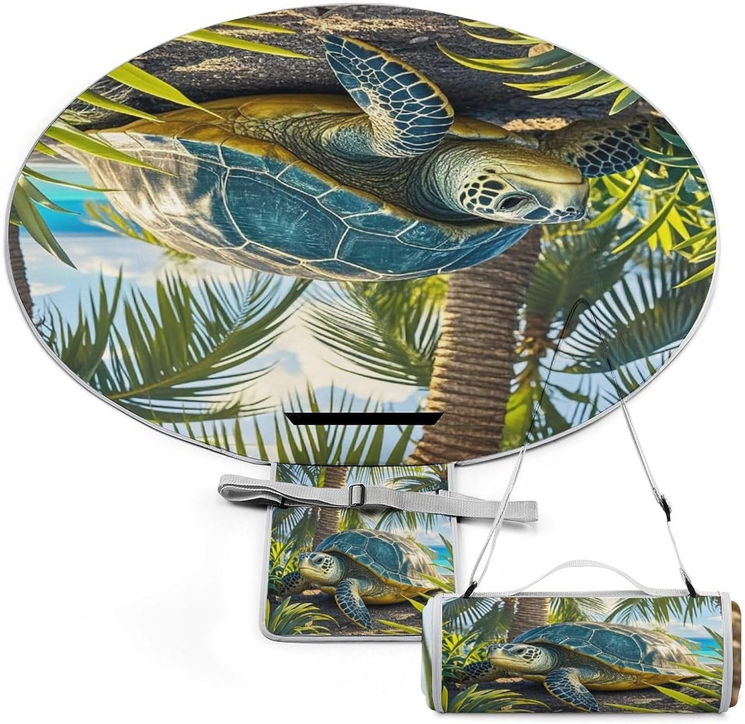 Big Turtle And Palm Trees Picnic Mat Lightweight Waterproof Picnic Blankets Extra Large Picnic Outdoor Blankets Foldable Sandproof Beach Blanket for Park Beach Camping Courtyard 58.3''x58.3''