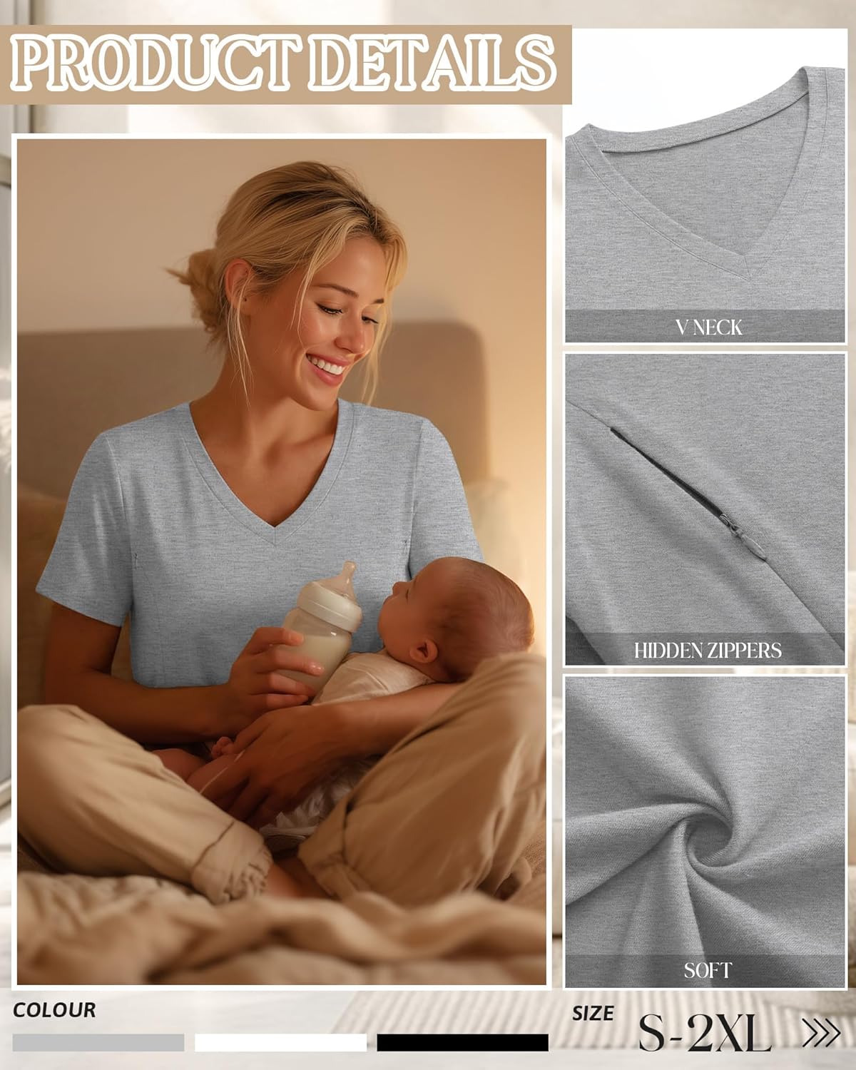 3 Pack Women's Nursing Tops, Hidden Zipper Nursing Shirts for Breastfeeding & Pumping V Neck Short Sleeve - Image 5