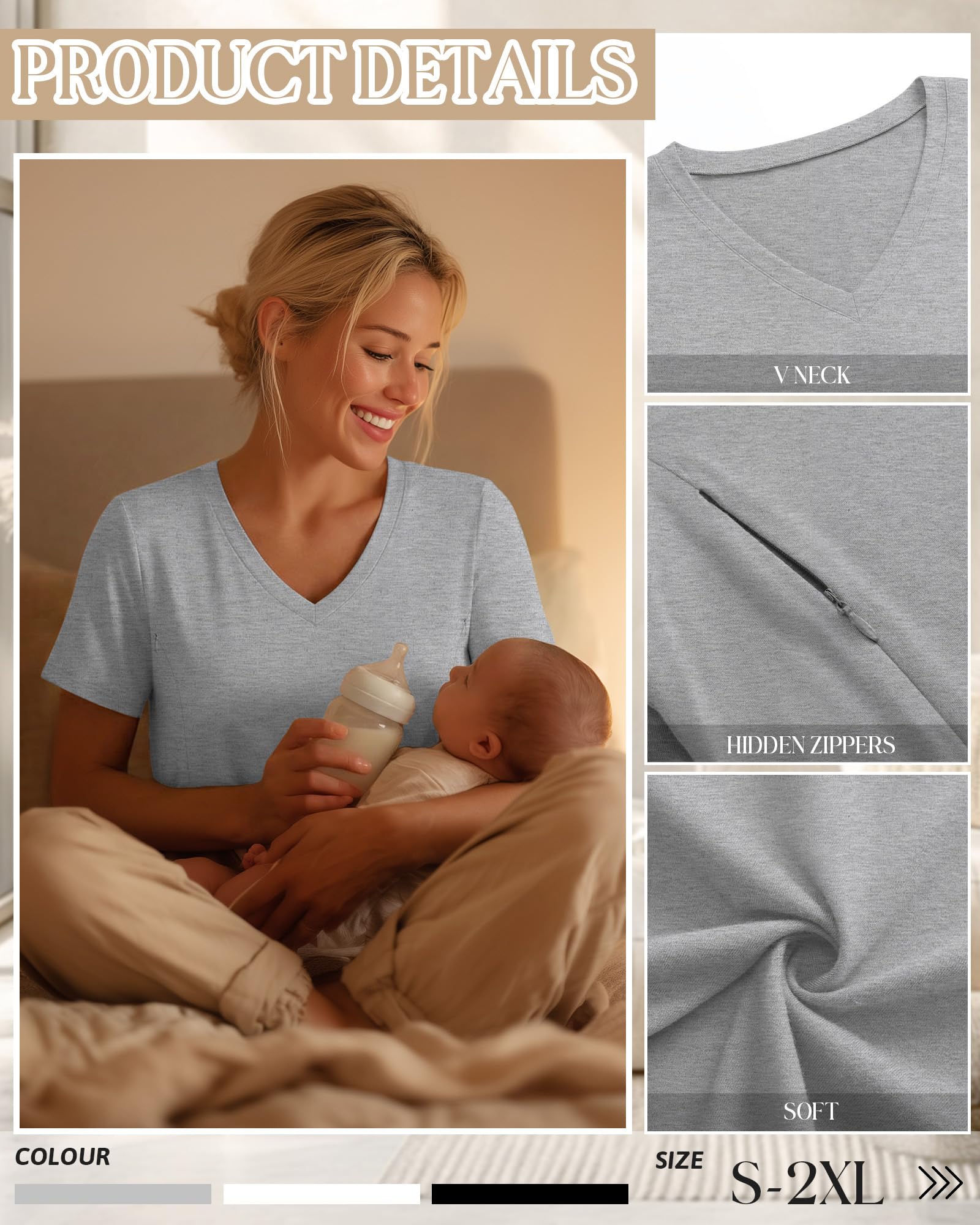 Xuniea 3er Pack Damen Stillshirts, Stilltops mit Verstecktem Reißverschluss zum Stillen & Abpumpen, V-Ausschnitt Kurzarm