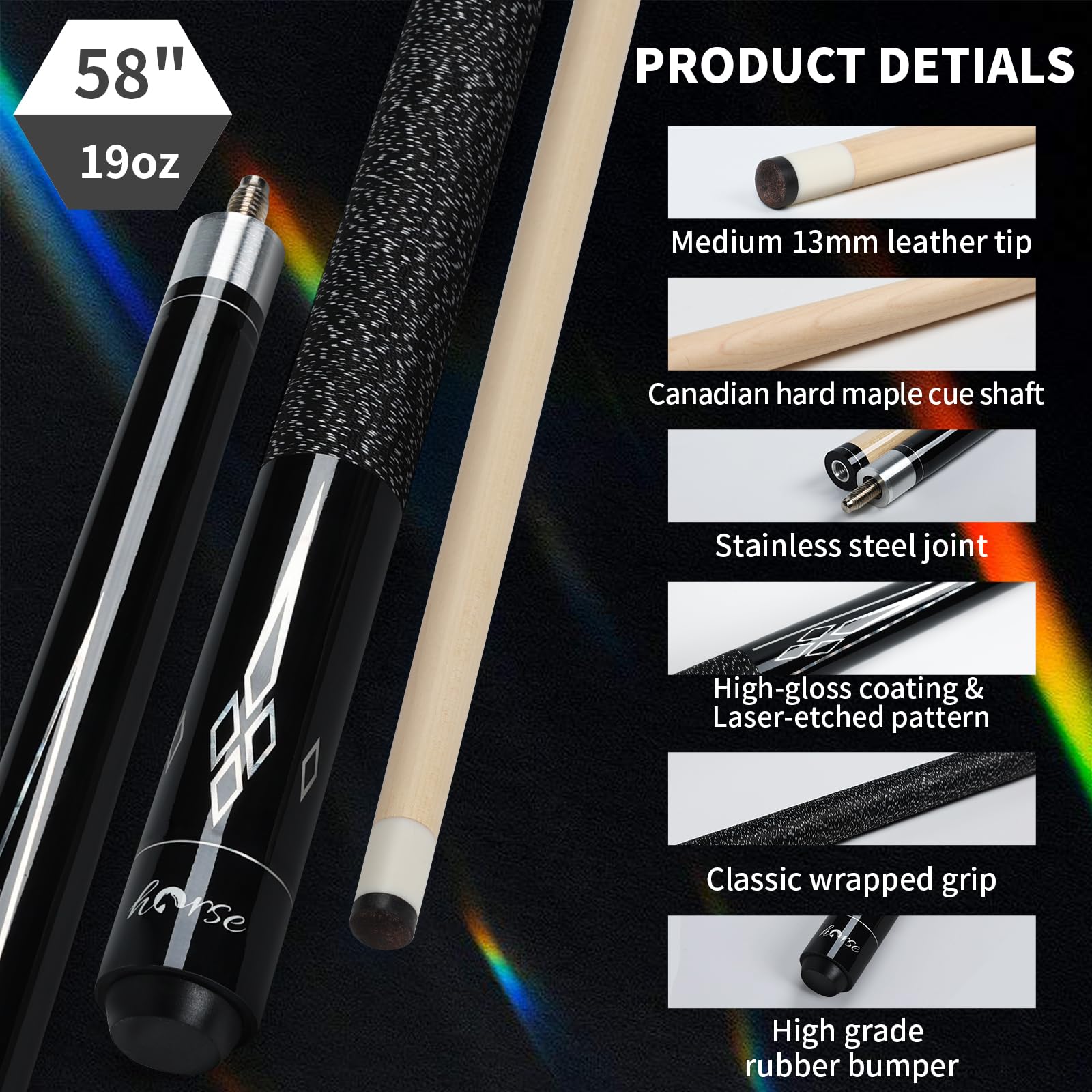 Horse Billardqueue 147cm – Pool Queue mit 13mm Lederpomeranze, Ahornholz-Schaft, Laser-Gravur Schwarz – Billard Stock für Erwachsene inkl. 2 Handschuhen & 2 Kreiden