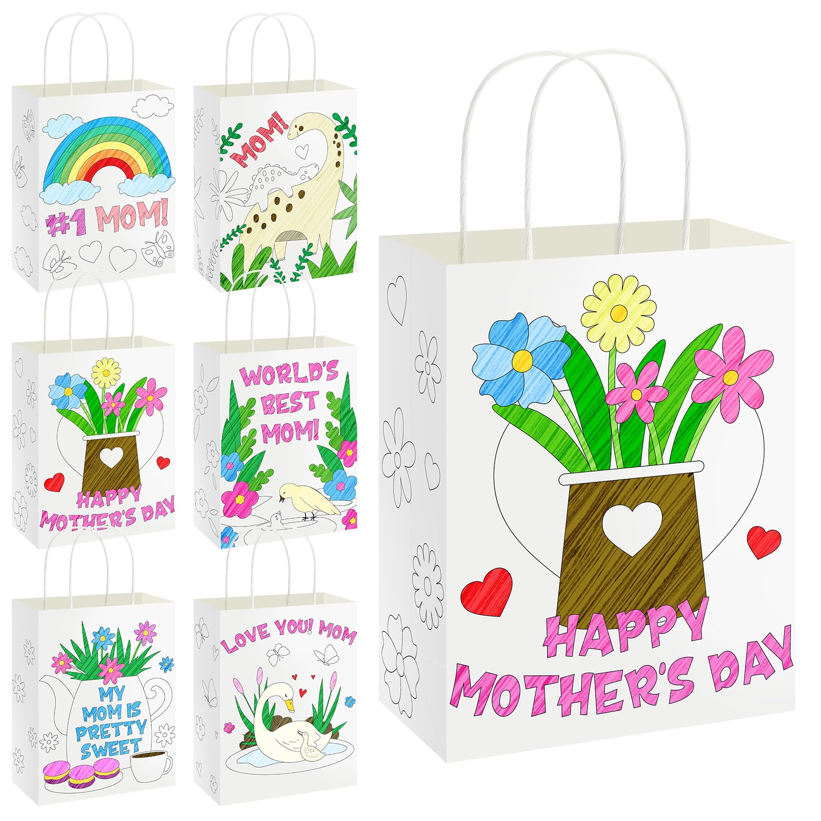Motiskyy 24 Pcs Mother's Day Gift Bags Bulk Mothers Day Crafts for Kids DIY Color Your Own World's Best Mom Paper Treat Goody Candy Wrapping Bag for School Classroom Home Fun Activities Decor Supplies