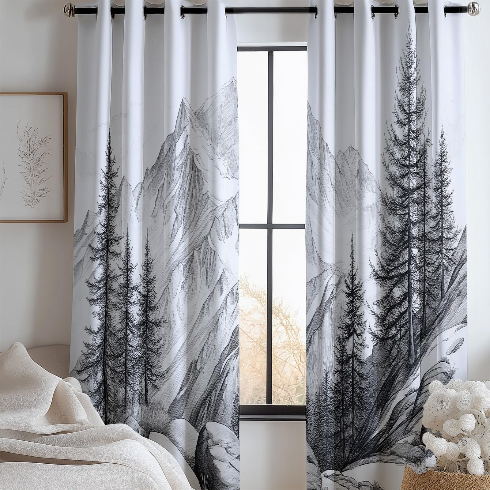 Cortinas Opacas para Niños Dibujo a lápiz una montaña Suiza, Cortinas Térmicas Aislantes Frío Calor Reduccion Ruido Proteccion Intimidad para Hogar Dormitorio Infantil, 2x140x245 cm