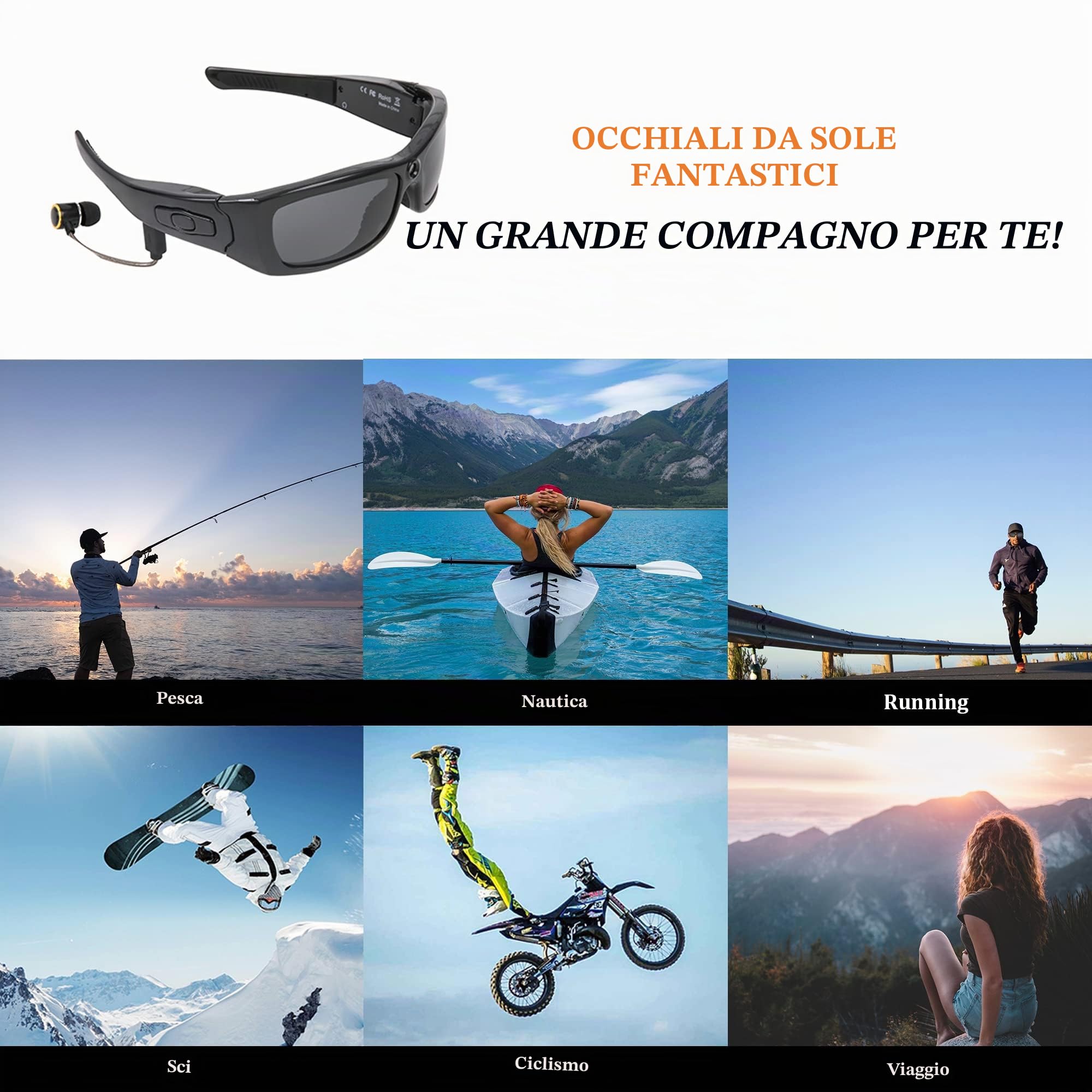 Occhiali da sole con fotocamera, occhiali da sole Bluetooth Full HD 1080p, con lenti polarizzate con protezione UV, per attività all'aperto e viaggi (inclusa scheda TF da 32 GB)