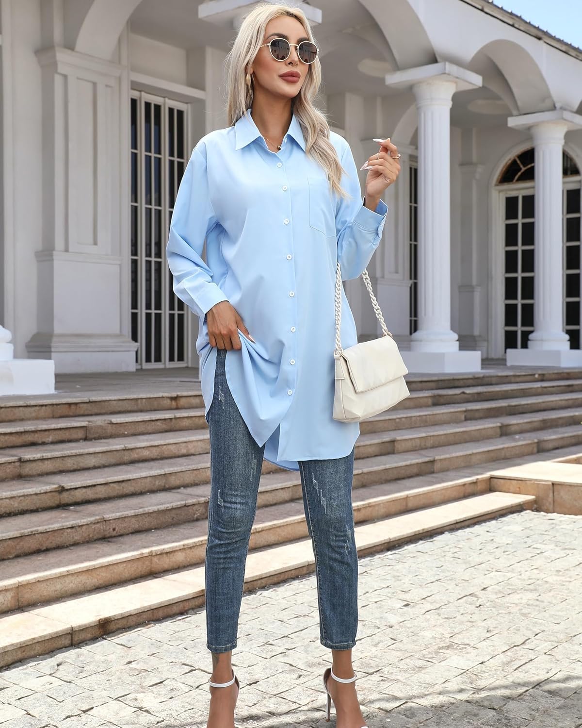 Women's Casual Button Down Shirts Long Sleeve Oversize Blouse Loose Shirt Dress with Side Pockets - Image 5