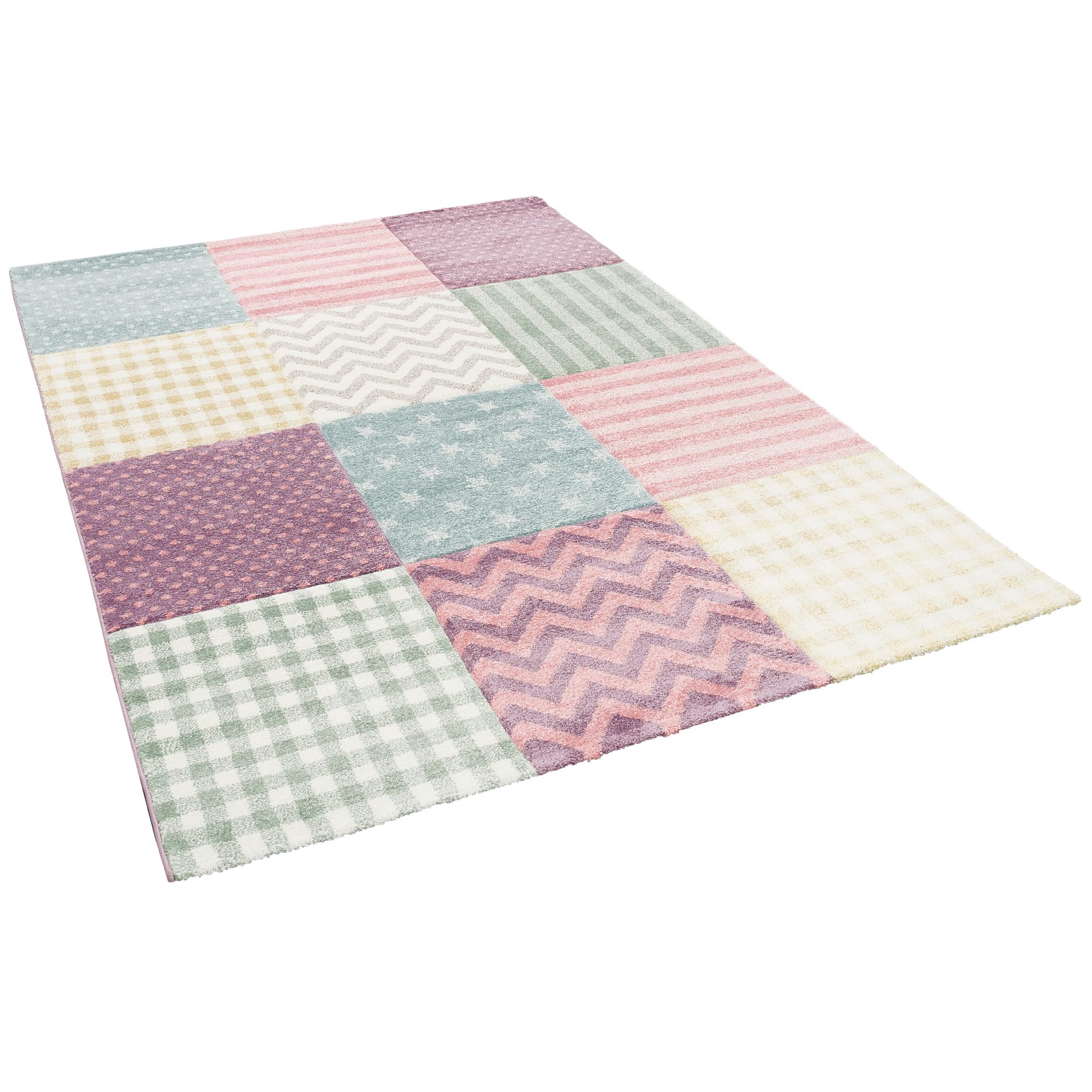 Pergamon Maui Kids - Tapis pour Enfant - Carreaux et étoiles Couleurs Pastel Rose - 5 Tailles Disponibles