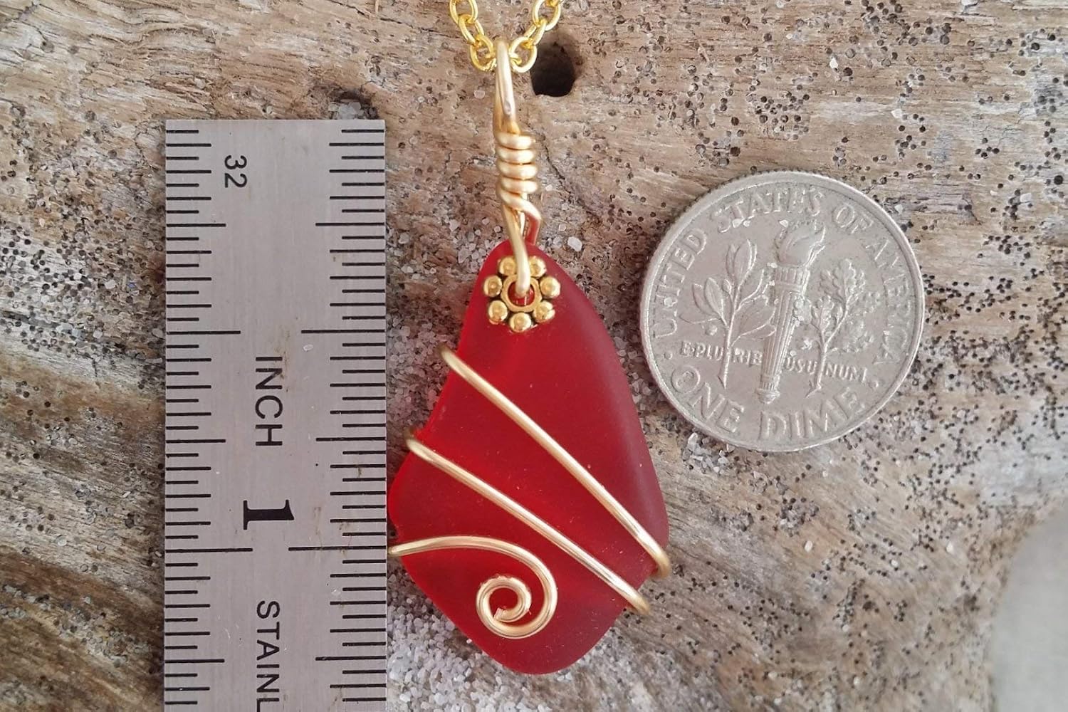 Handmade Sea Glass Necklace, Hawaiian Jewelry for Women, Gold Wire Red Necklace, Sea Glass Jewelry, Birthday Gift For Women (January Birthstone)