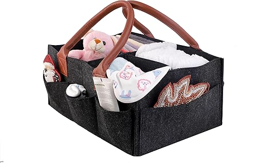Miniatura 3 de Mysa Organizador de pañales de fieltro para bebé con mango de cuero vegano para pañales y toallitas de bebé para cambiador, cesta de almacenamiento