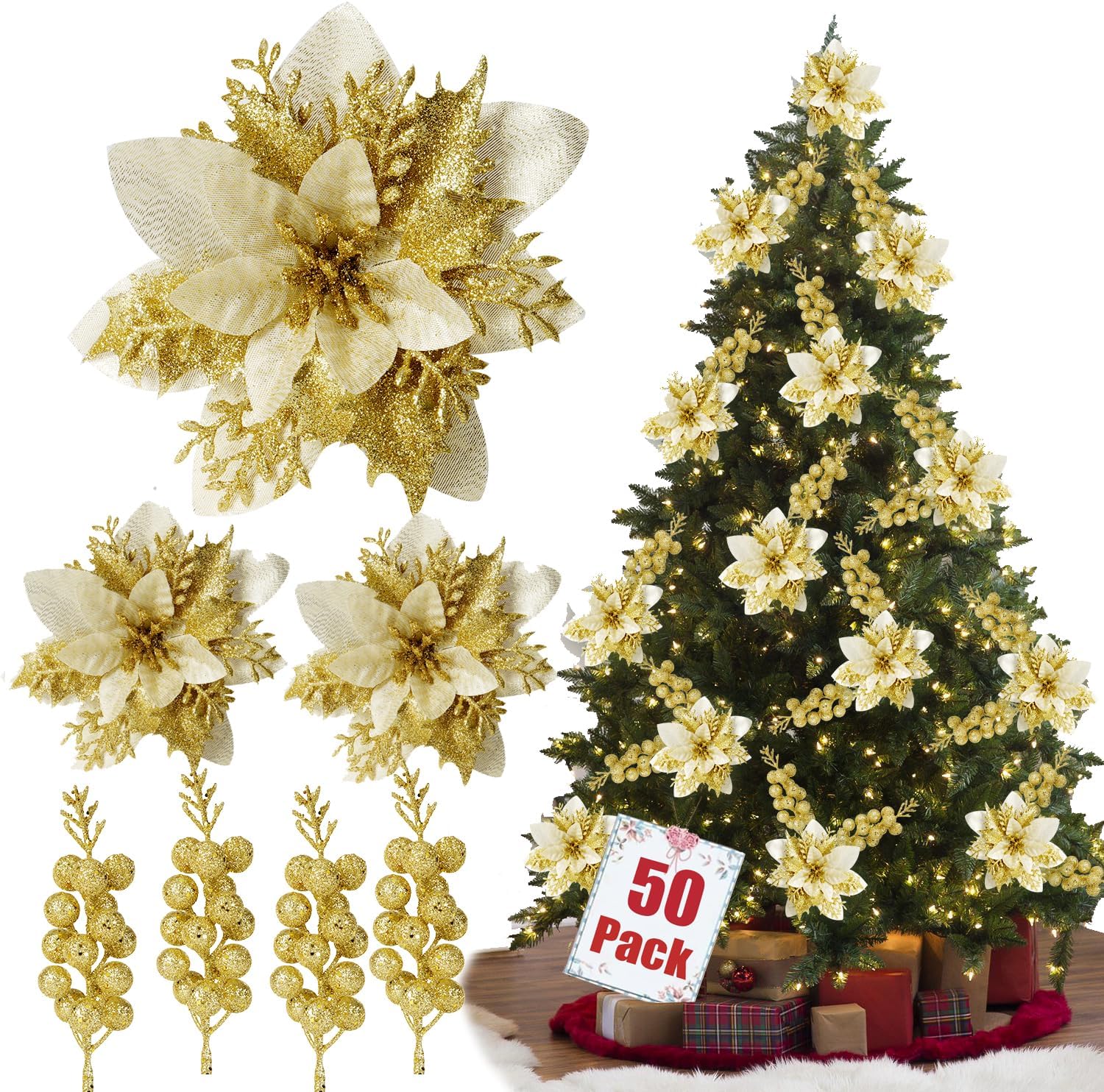 50pcs Glitter Poinsettia Christmas Ornaments, Artificial Flowers with Clips Stems for DIY Wreath Making, Holiday Home Party Decorations, Indoor Use (Gold) 50pcs Glitter Poinsettia Christmas Ornaments, Artificial Flowers with Clips Stems for DIY Wreath Making, Holiday Home Party Decorations, Indoor Use (Gold)