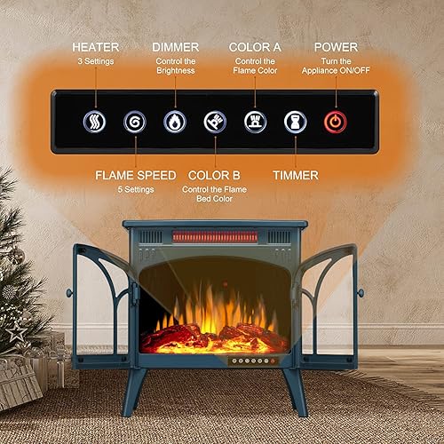 Miniatura 4 de Calentador eléctrico para estufa chimenea eléctrica calentador de chimenea con troncos 3D y llama realista 1500 W Geepgreen