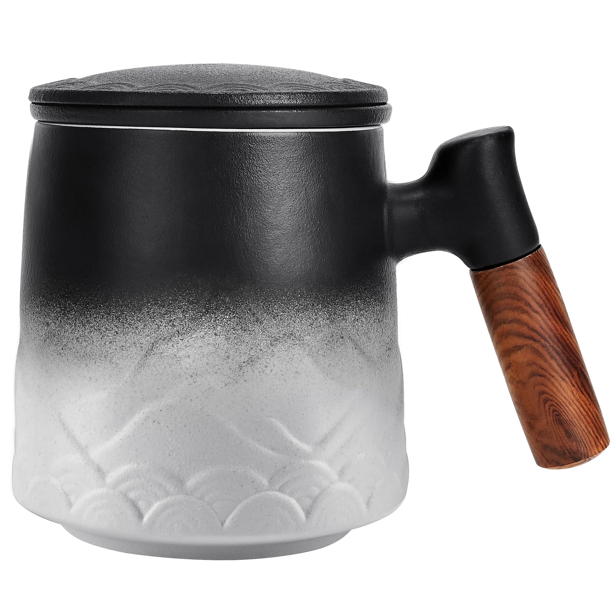 Tazza Tisana con Infusore e Coperchio 500ml, Tazze Ceramica con Filtro per Tisane Manico in Legno Regalo (Bianco)