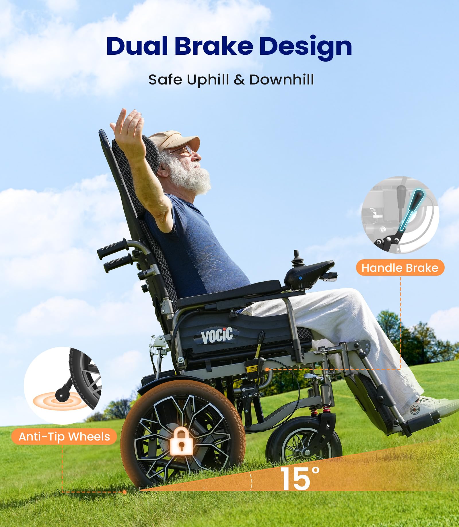 VOCIC V57 Silla de ruedas ergonómica eléctrica plegable ligera con respaldo ajustable de 165°, silla de ruedas eléctrica de 30 KM, para personas mayores de hasta 150 kg, silla de ruedas eléctrica de
