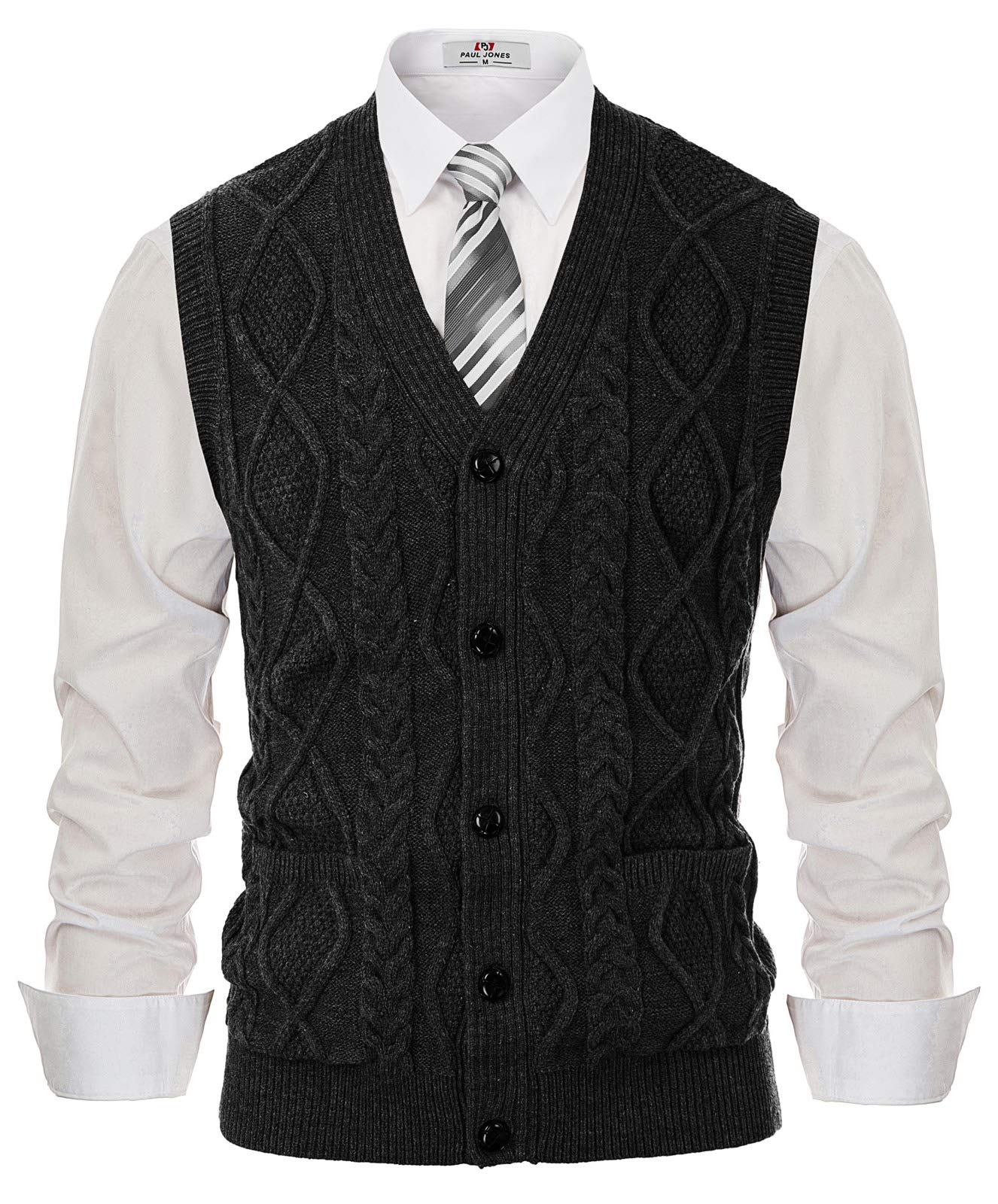 PJ PAUL JONES Mens Cable Knit V Neck Sweater Vest Button Up