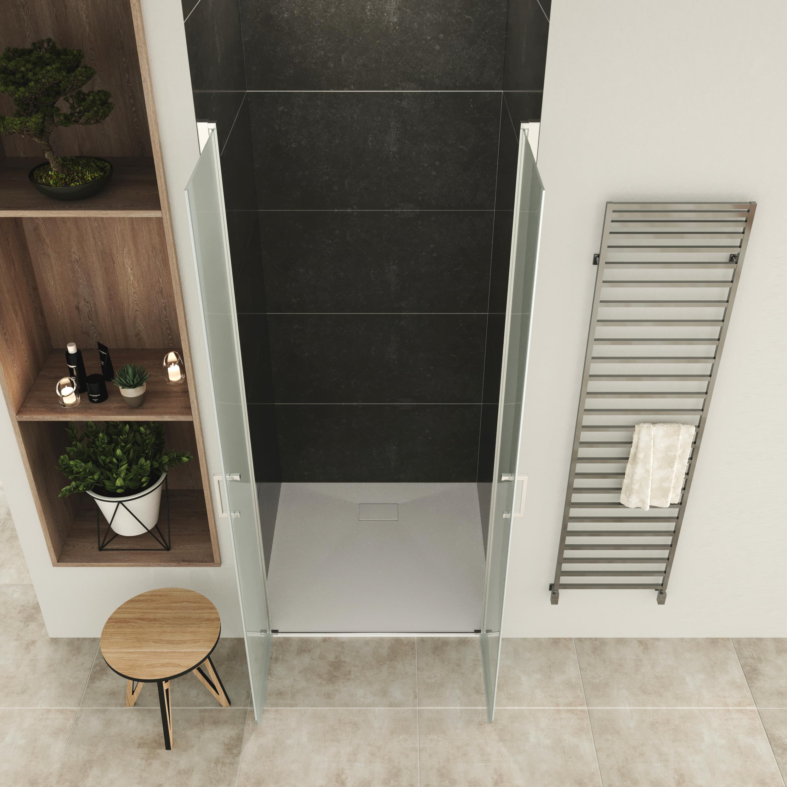 Mampara de Ducha LARA, Puerta Doble Abatible 77-80 x 195 cm - Vidrio de Seguridad Satinado ESG 6MM, Perfiles Cromo #NF