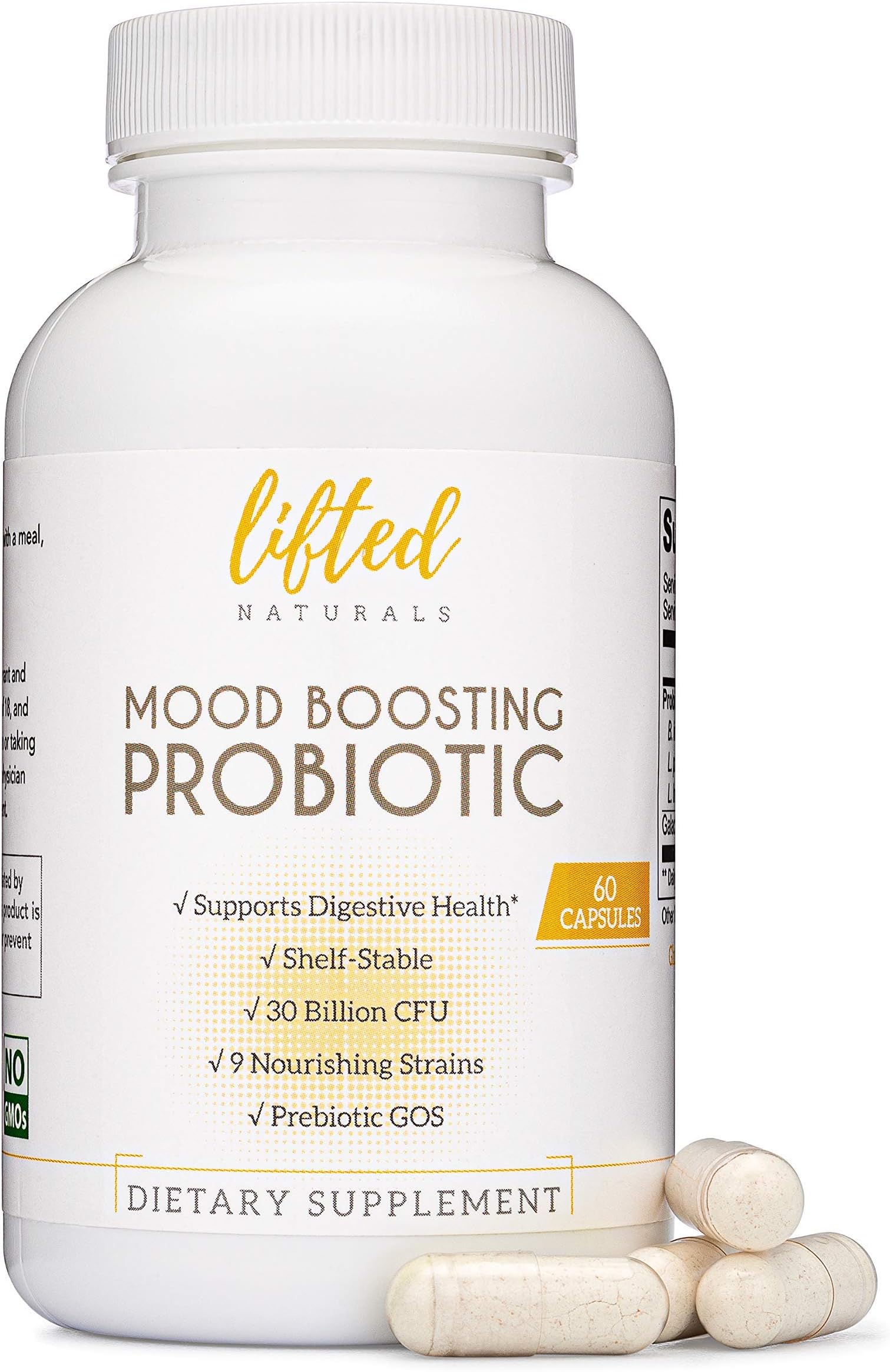 Mood Boosting Probiotic 30 Billion CFU - Mood Support Supplement, Prebiotics and Probiotics for Women & Men, Acidophilus Lactobacillus Probiotic, Shelf Stable, Vegan & Non-GMO, 60 Capsules