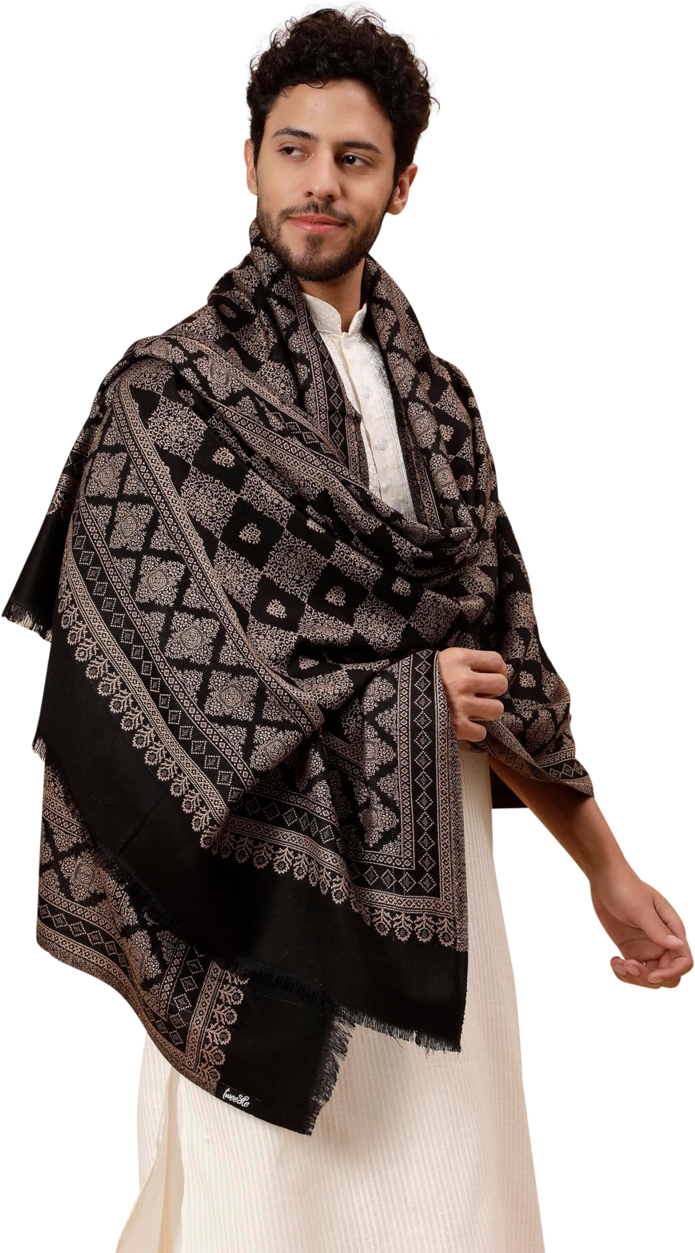 tweedle Men’s Ethnic Barfi Design Shawl/Stole, Soft, Reversible Wrap for Gents (40 x 80 Inches)