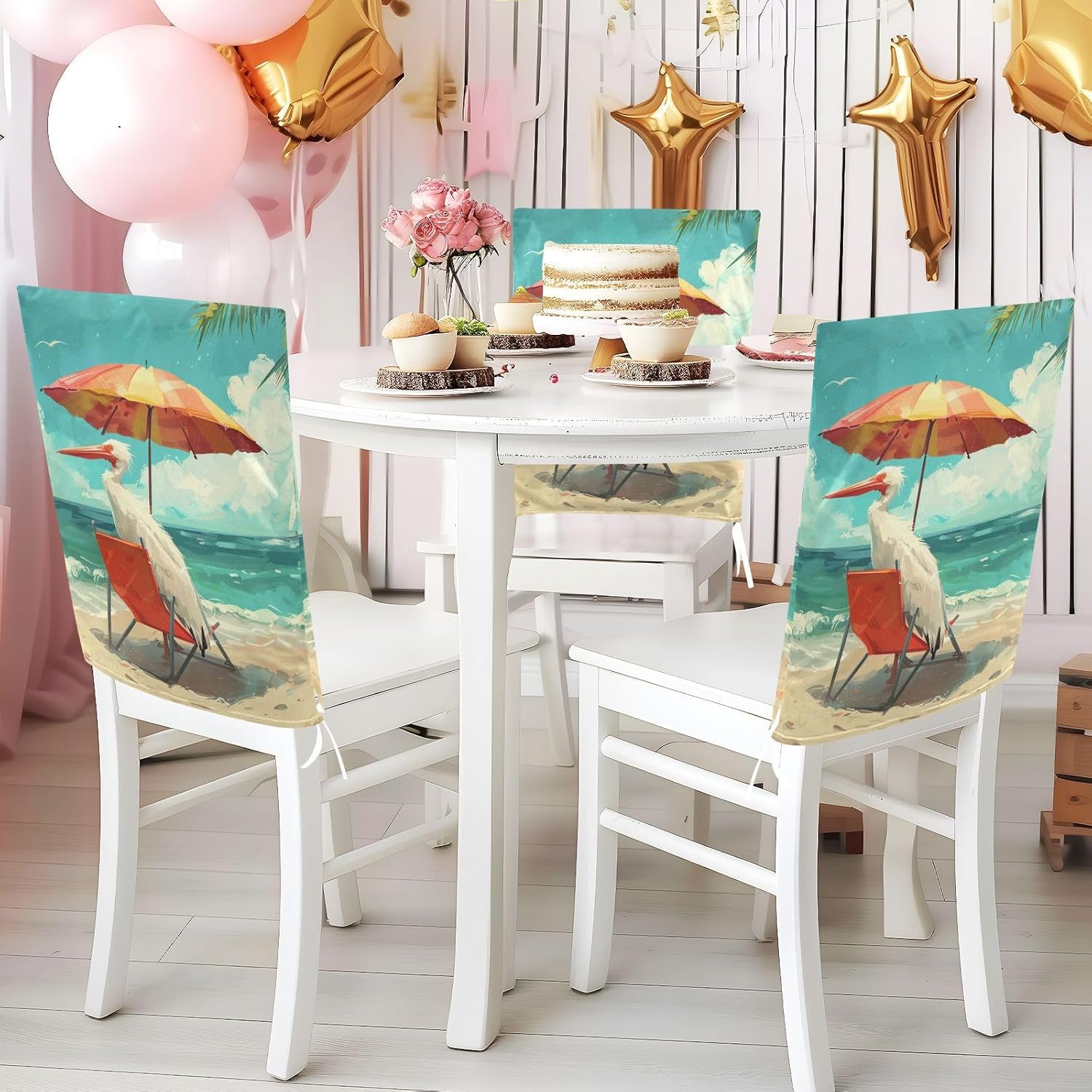 ALAZA Bird on The Summer Beach Chair Back Cover Set of 6, Washable Reusable Removable Chair Slipcovers Decorative Chair Cover for Home Kitchen Wedding Party