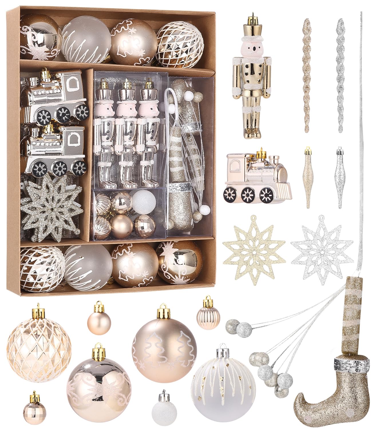 Boule de Noël incassable or blanc avec lanière pour arbre
