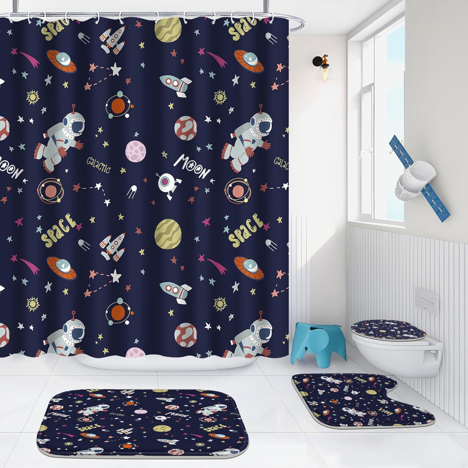 Poedist 4 Pcs Bathroom Shower Curtain Set,Kid's Bathroom Set, Space Shower Curtain Sets with Rugs(Bath Mat,U Shape and Toilet Lid Cover Mat) and 12 Hooks