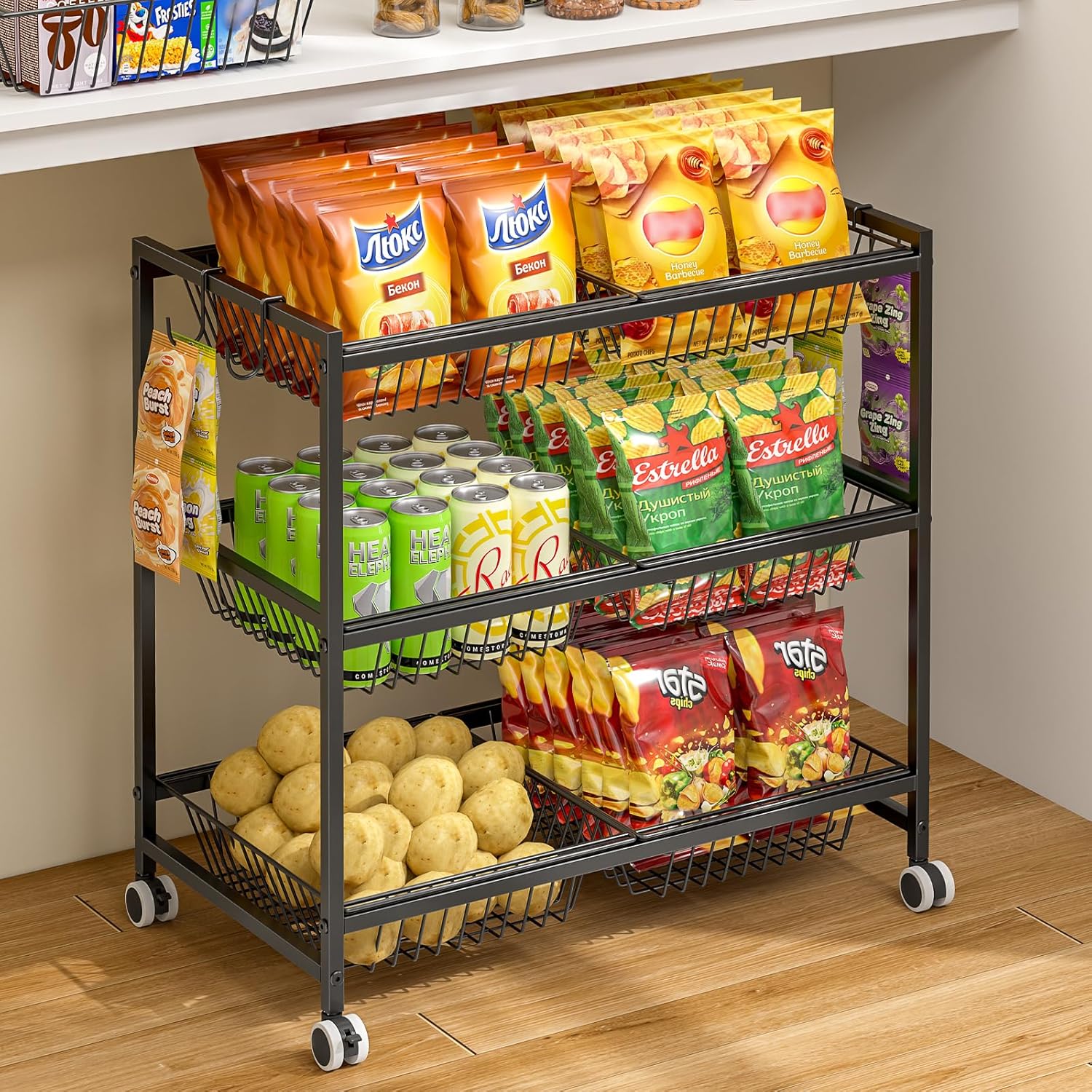 3-Tier Rolling Pantry Cart with 6 Baskets – Versatile Kitchen Organizer