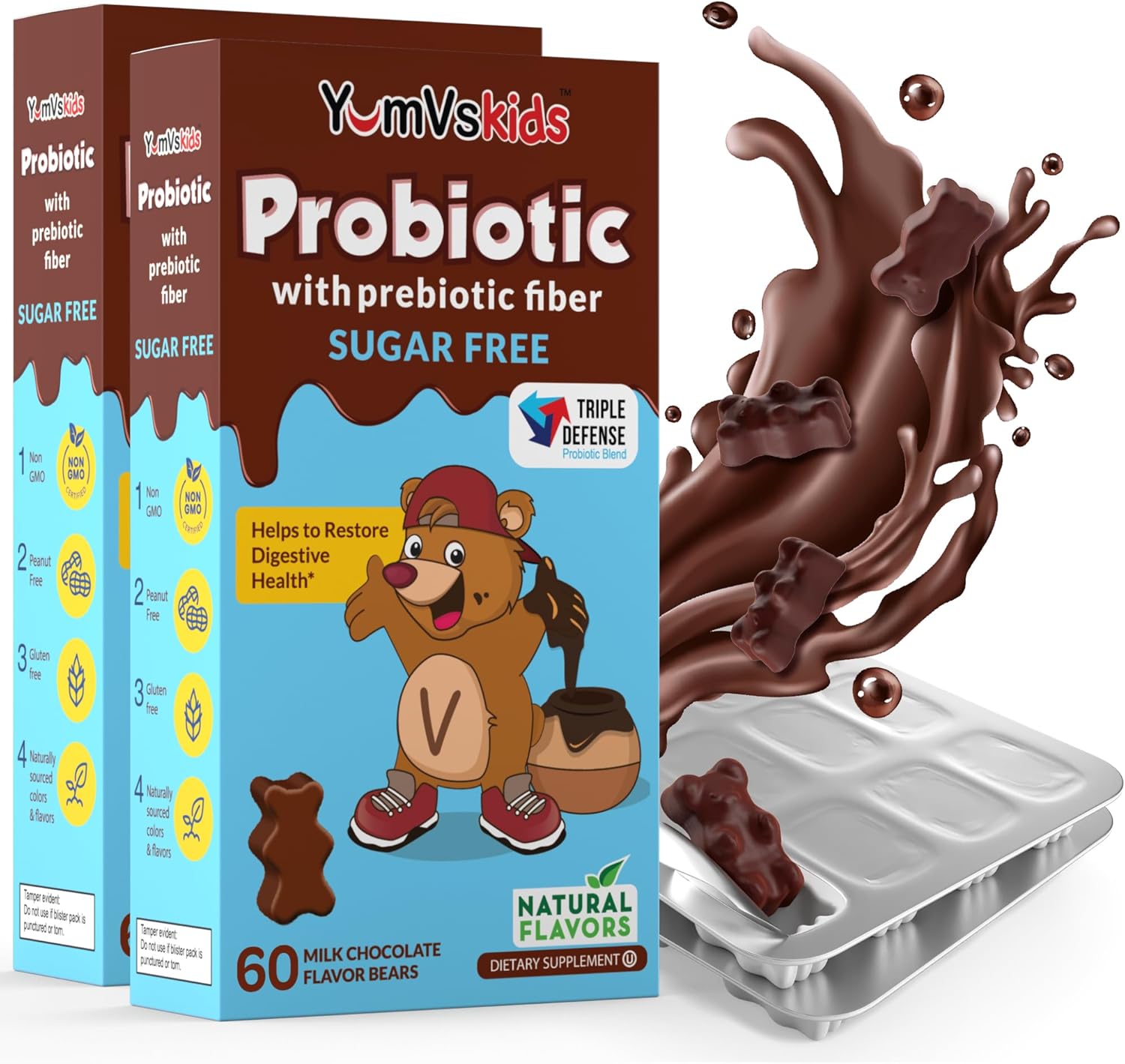 YUM-V'S Probiotic & Prebiotic Kids Sugar-Free Chocolate Chewable Fiber Supplement for Digestive Health (Toddlers, Kids & Teens) – 60 Chewables (2-Pack)