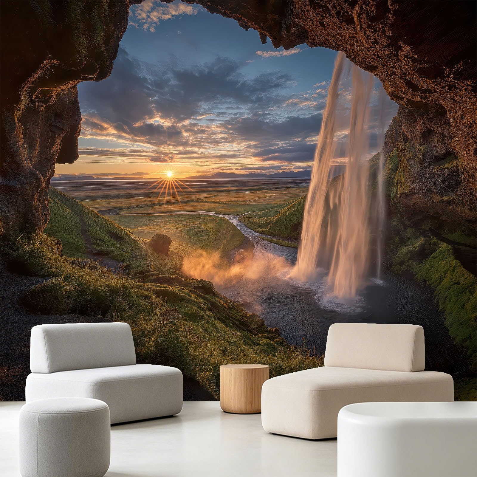 Seljalandsfoss - Carta da parati fotografica con foto di documentari e fotografie, carta da parati in tessuto non tessuto, per sfondo personalizzato, motivo: cascata, grotta di Seljalandsfoss