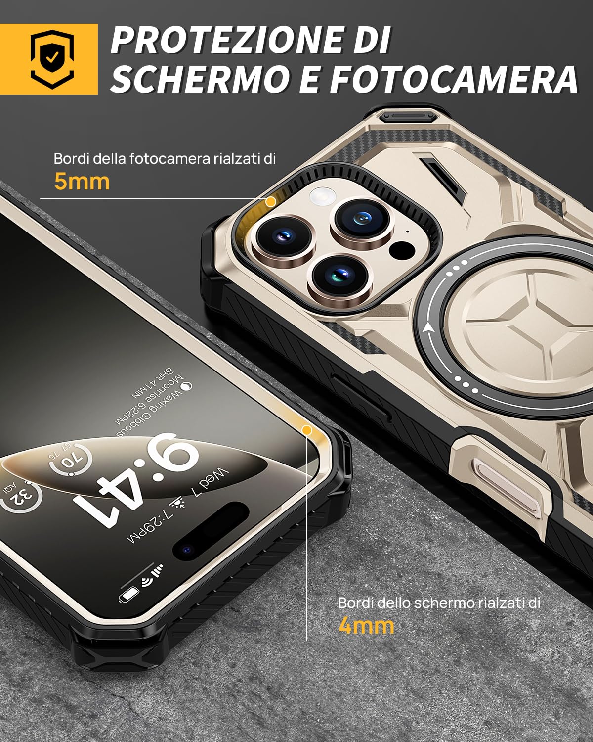 Lanhiem Cover per iPhone 16 Pro Max con 2 Pezzi Vetro Temperato, 14FT Antiurto Anticaduta Militare,Supporto Magnetico Anello a 360° Protezione Armor Protezione, Custodia per iPhone 16 Pro Max, Oro