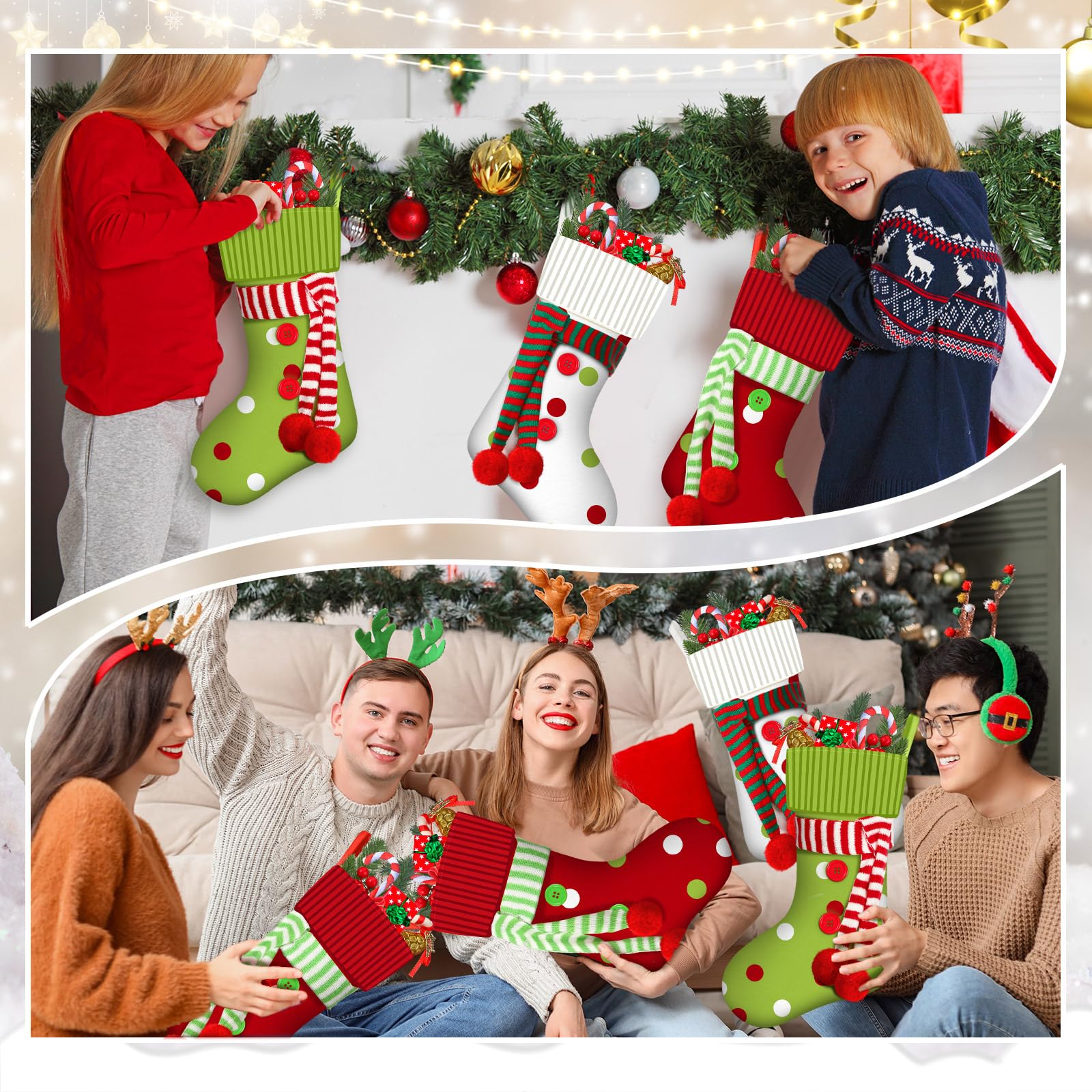 Newcotte 12 Stück 50,8 cm große Weihnachtsstrümpfe, Elfe, Weihnachtsstrümpfe, rot, grün, weiß, Weihnachtsdekoration für Urlaub, Kamin, Baumdekoration, Geschenk, Geschenk
