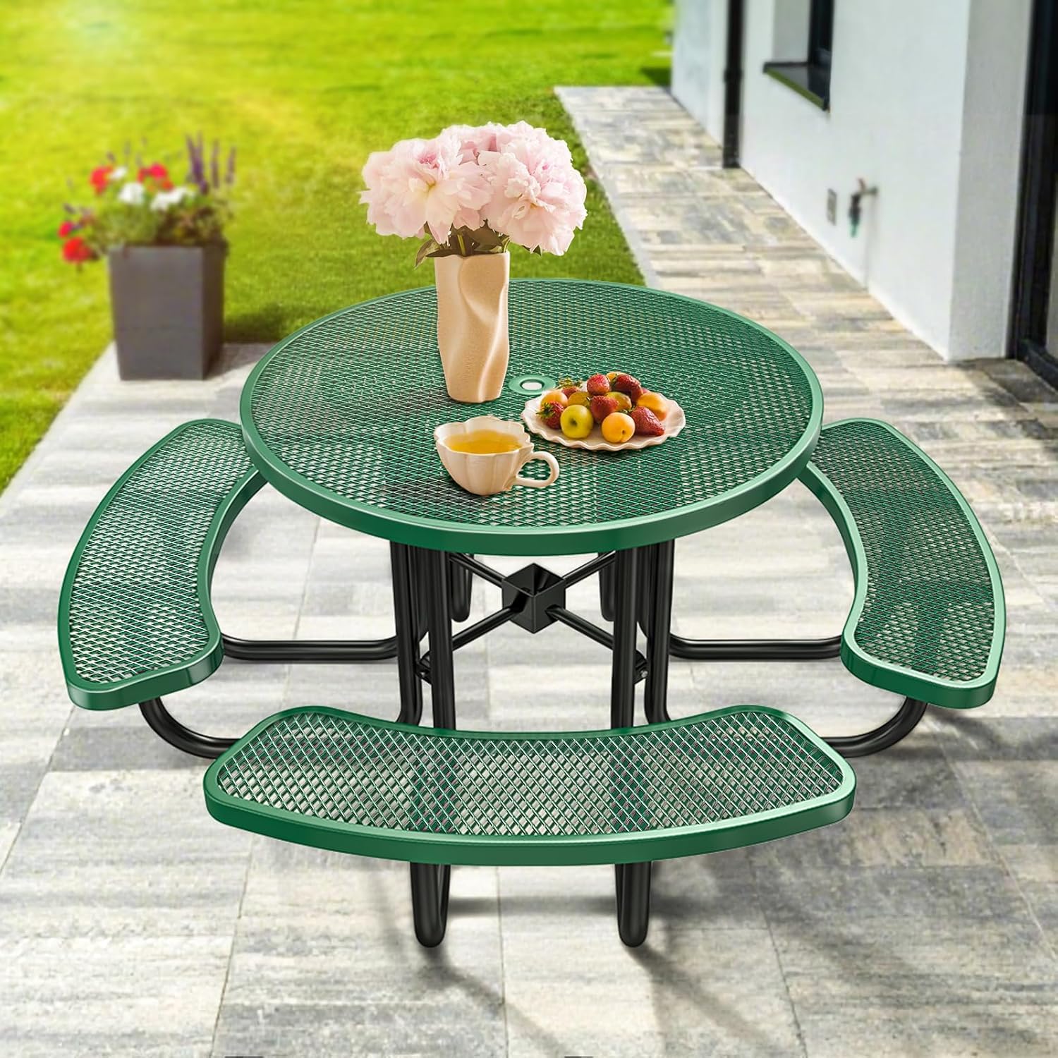 Ceridwen Heavy Duty Picnic Table with 4 Benches, Expanded Metal Steel Mesh Outdoor Patio Dining Table Bench Set with Umbrella Hole,Outdoor Patio Dining Table for Garden (Round, Green, 46FT)
