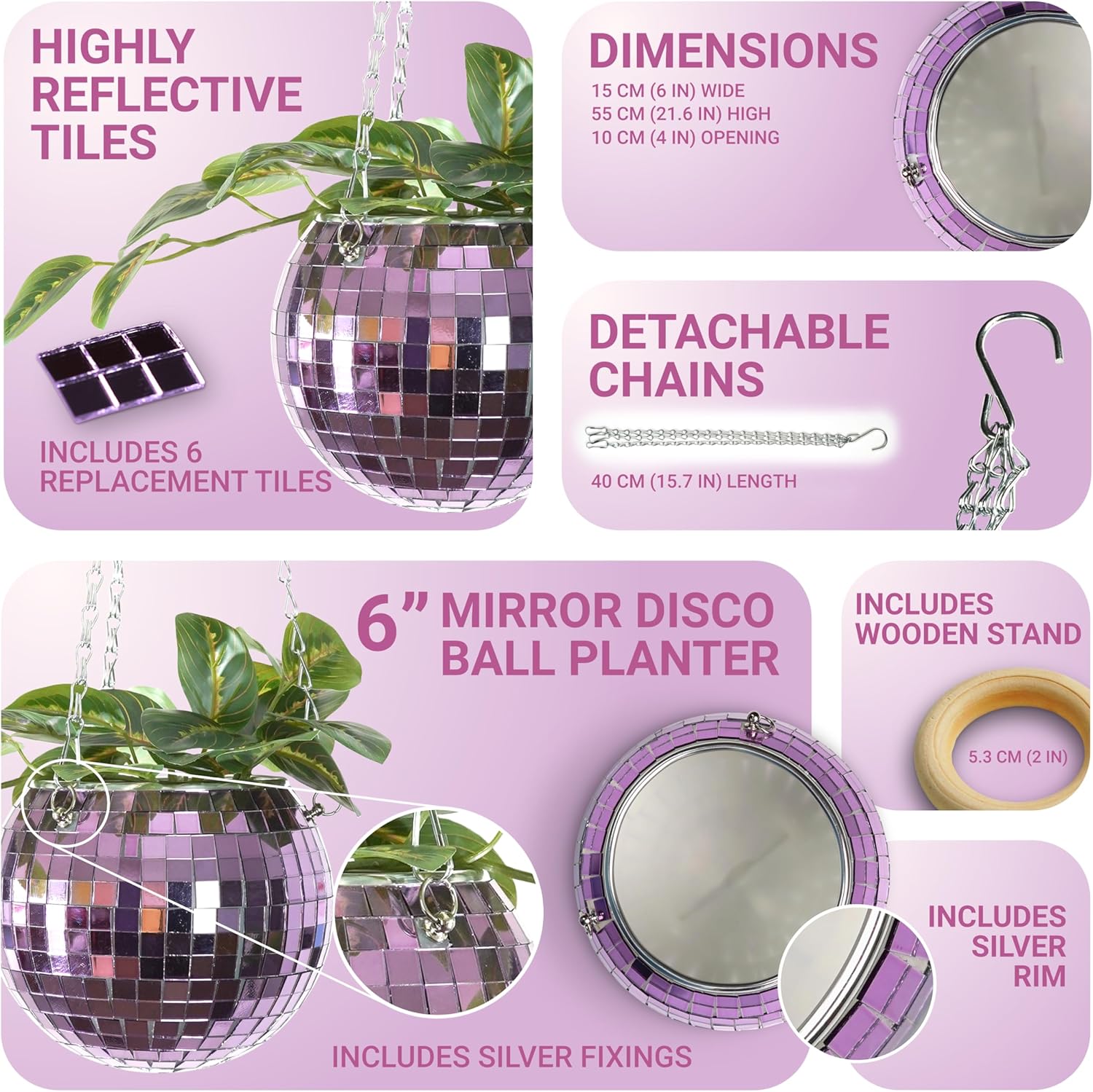 Bubblegum Stuff Disco Ball Hanging Planter: Lilac Edition - Hanging Planters for Indoor Plants - Spherical Shaped Plant Pots with Mirrored Exterior - Available in 6-inch Size