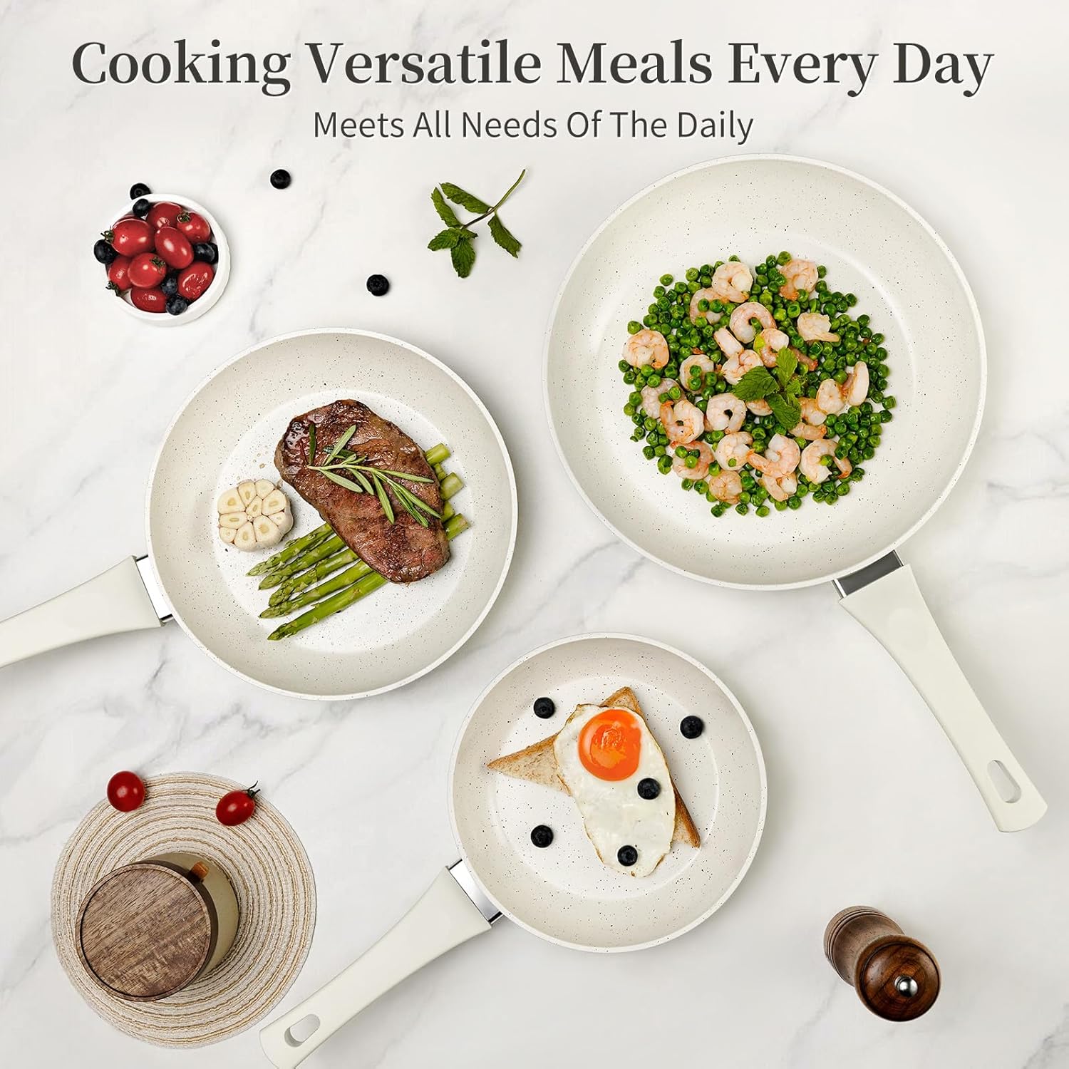 Ceramic Frying Pan Set with Lid - Non Stick Frying Pan with Lids, White Frying Pans Nonstick With Lid, Induction Skillet Set Egg Omelet Skillet Pan W/Lid, Healthy No Toxic Cookware Set, PFOA&PFAS Free - Image 6