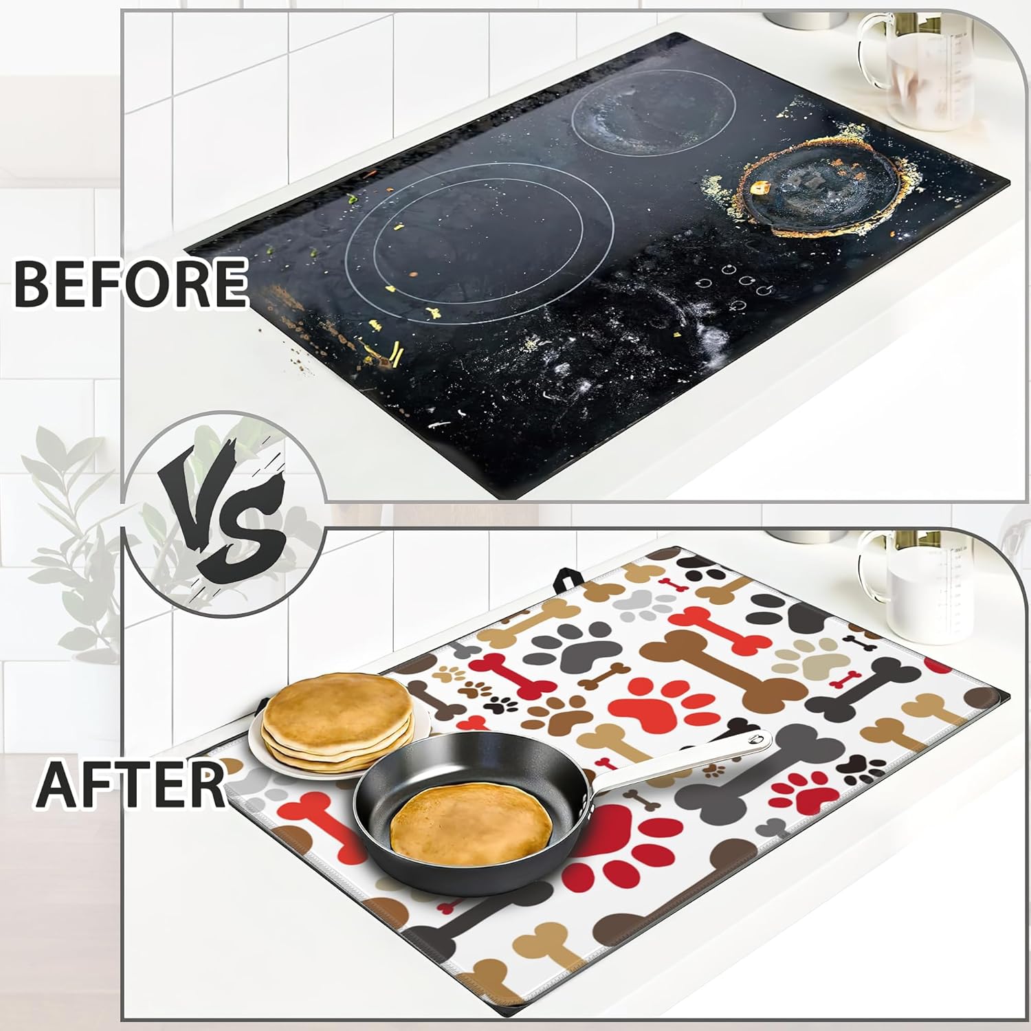 Electric Stove Top Cover Protector – Dogs Paws and Bones Glass Flat Top Stove Mat Oven Induction Cooktop Mat for Ceramic Countertop Mats Heat-Resistant Dish Drying Mat