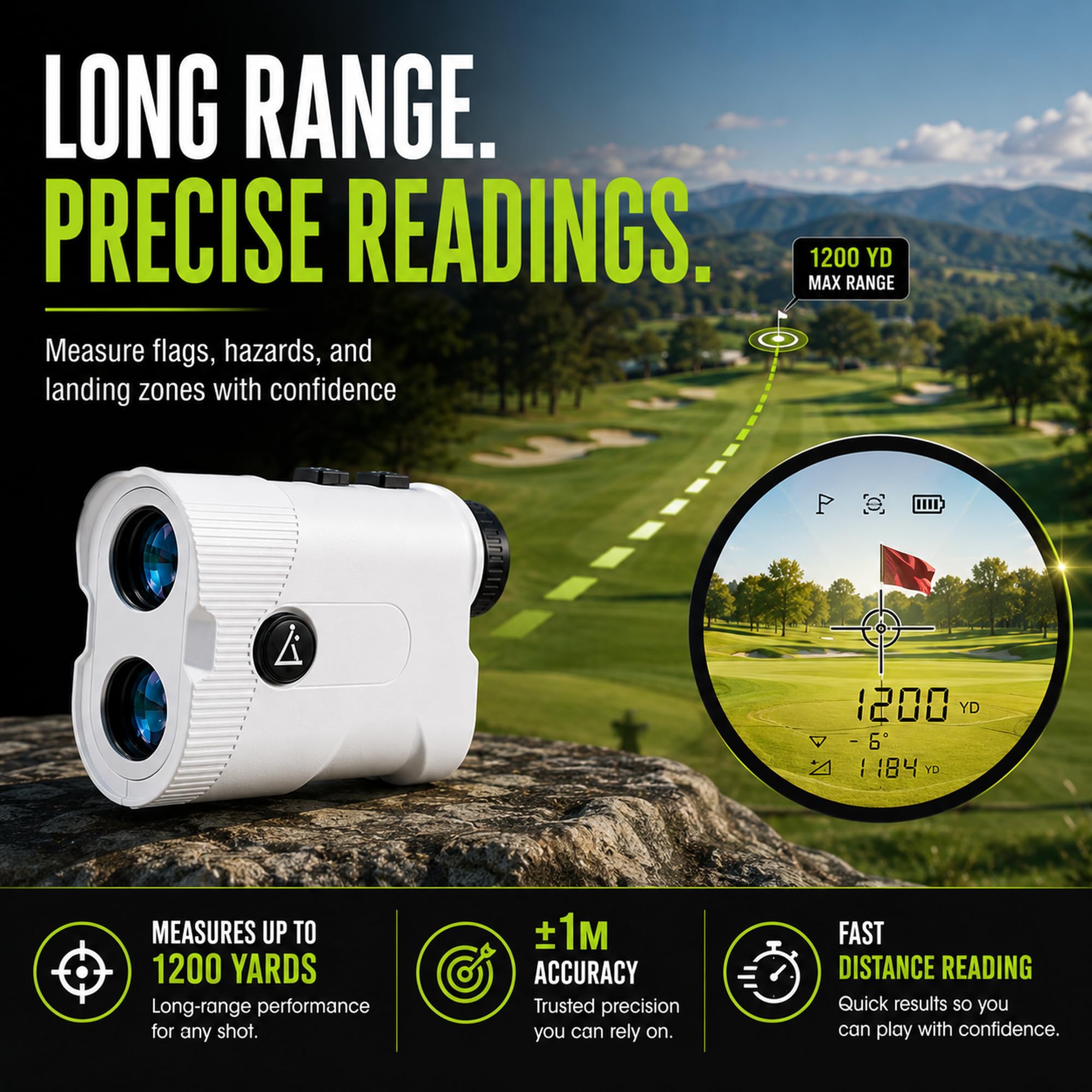 Lunai Télémètre de golf avec pente | Télémètre laser de classe 1 | Batterie rechargeable 600 mAh avec Type-C | Localisateur de mètres léger pour la pratique du golf et les tournois
