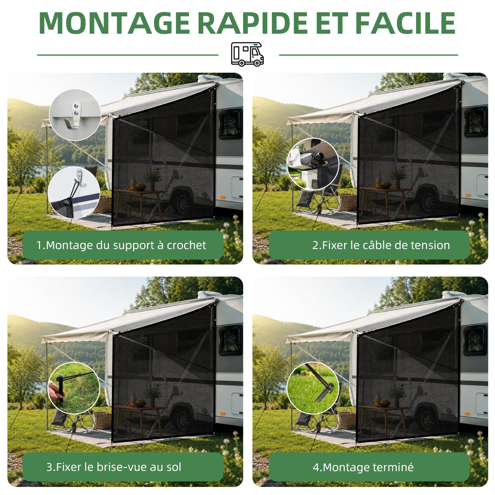 Store brise-vue pour camping-car, 2,5 x 2,1 m, gris, protection solaire universelle pour camping-car et camping-car, montage rapide (2,5 x 2,1 m)