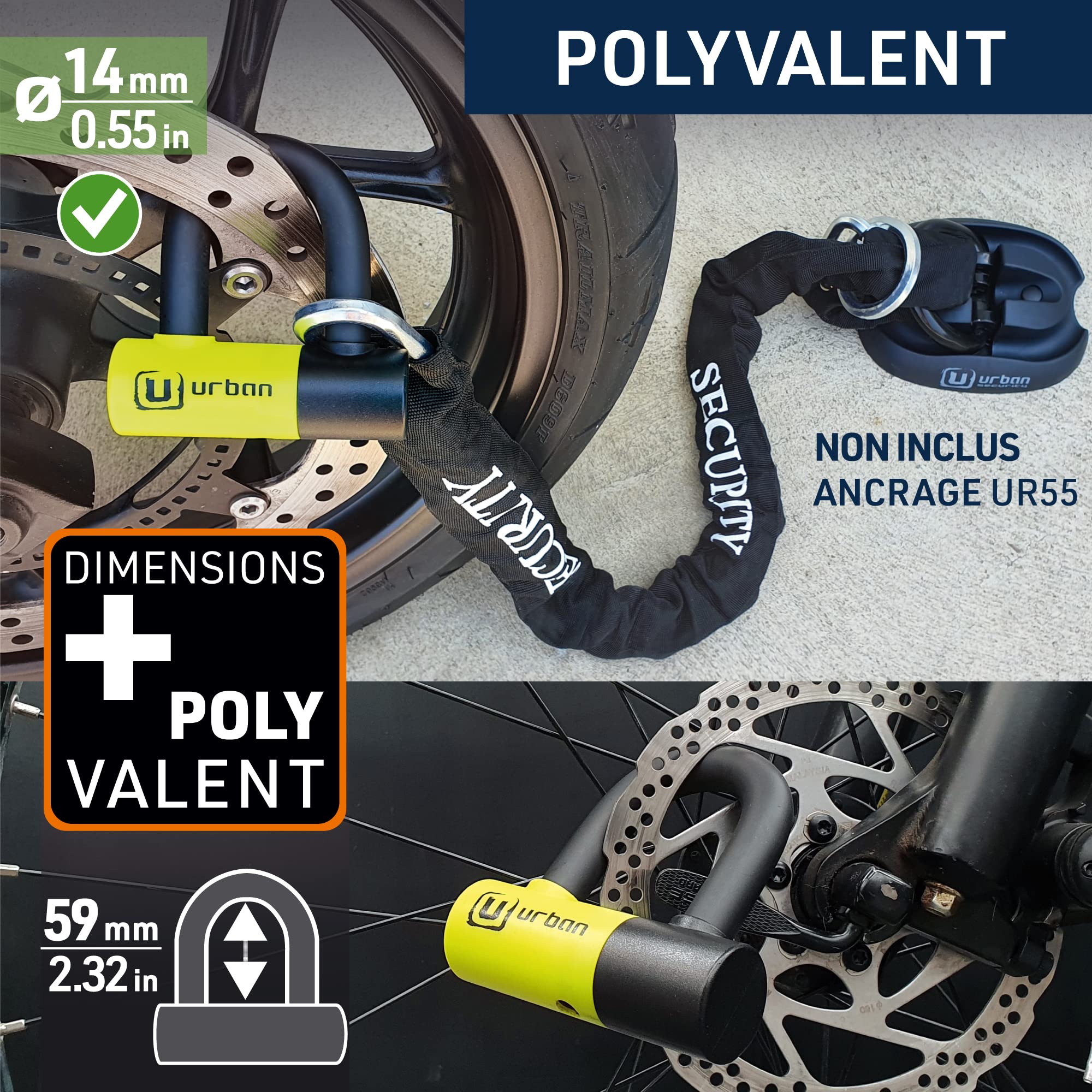 URBAN UR59120 Bloque Disque Mini U, Chaine Moto Antivol Haute Sécurité, ø13.5mm 120cm, Chaîne Antivol Acier Trempé, Boucle, Ancrage Parking, Verrouillage Scooter, Blocage Velo Electrique
