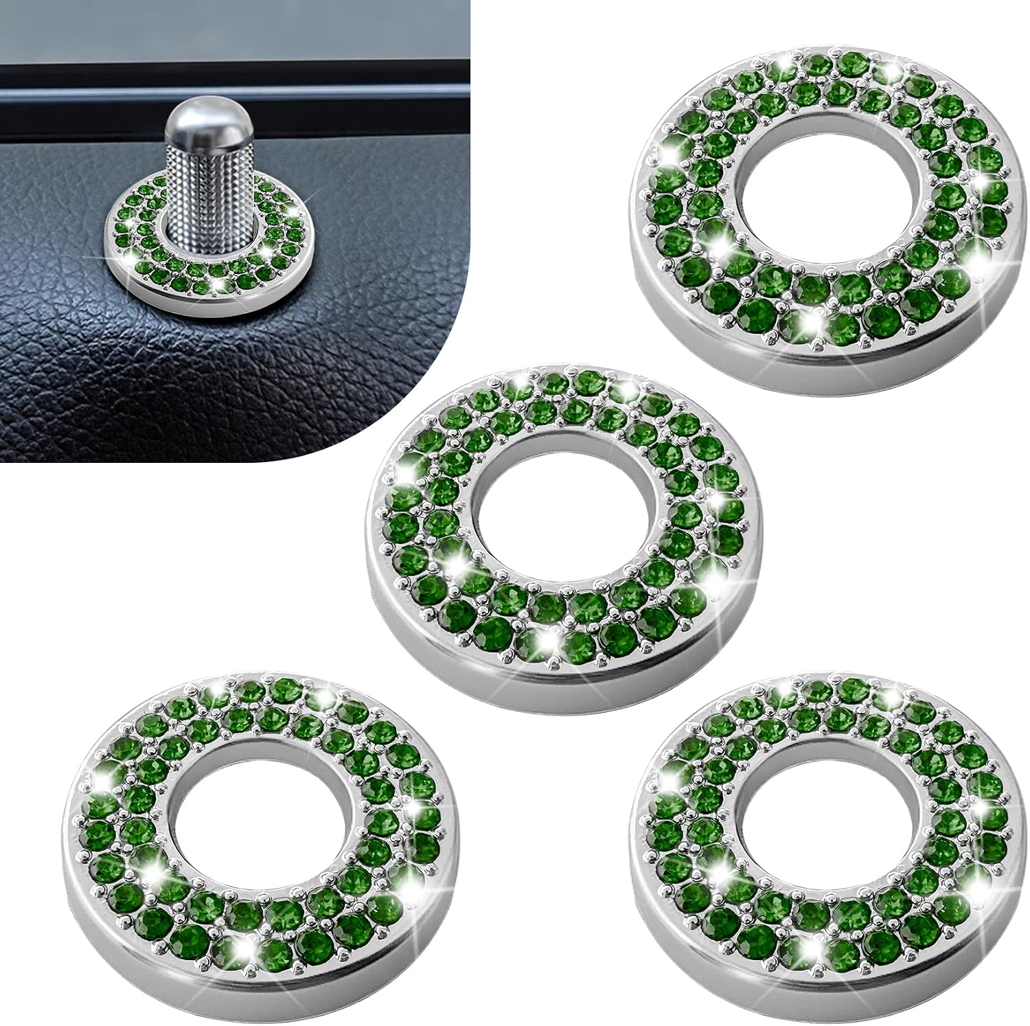 4PCS Bling Car Inner Door Lock Covers, Rhinestones Pull Rod Bolt Decoration Stickers, Bling Car Interior Accessories for Women Men, Compatible with Mercedes-Benz A/B/C/E Class GLC GLA GLK GLA (Green)