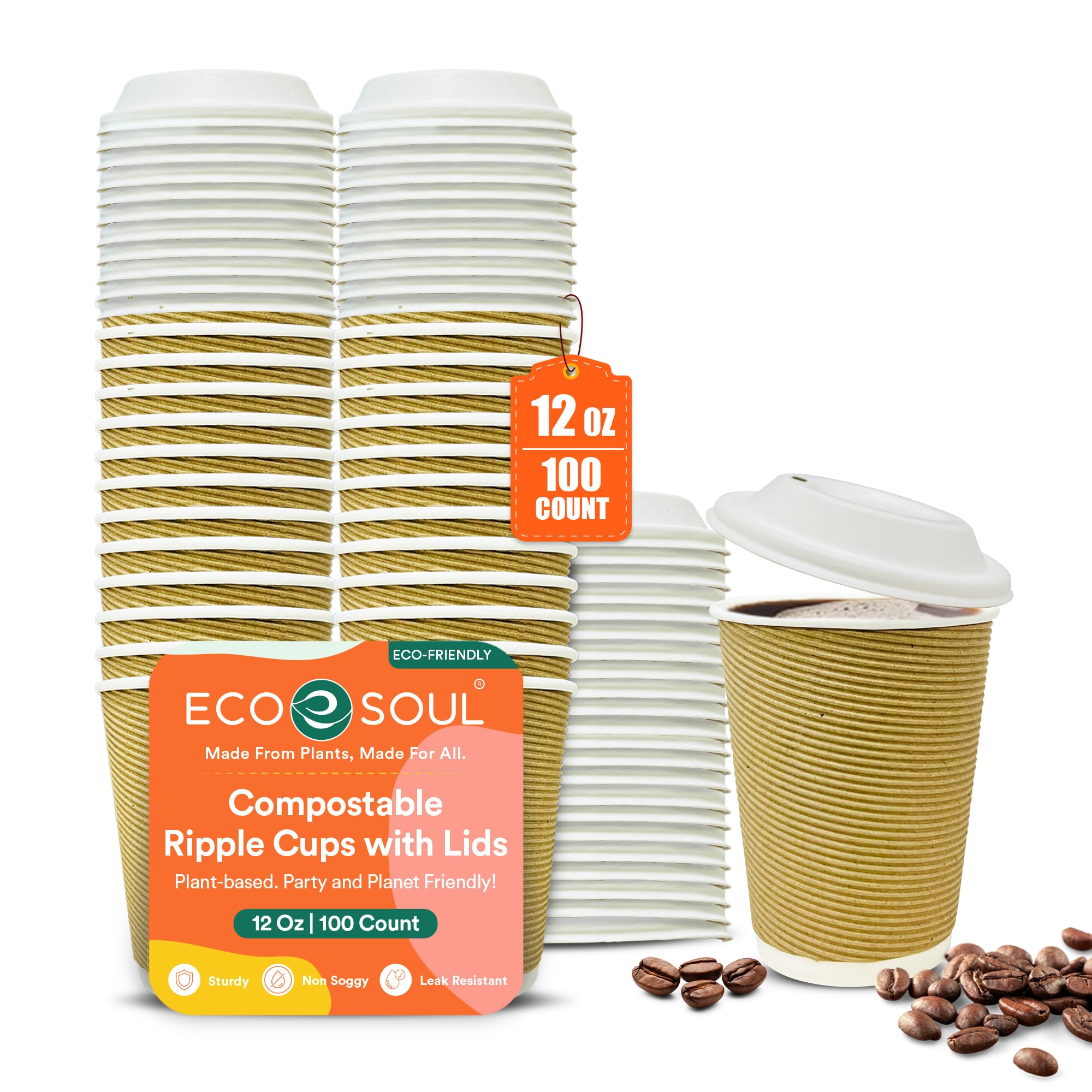 Photo 1 of ECO SOUL 12 Oz Compostable Ripple Paper Cups (100 Pack) With Lids – Biodegradable Paper Cups, Non-Toxic Disposable Cups For Hot Drinks, To-Go Coffee Cups, Eco-Friendly