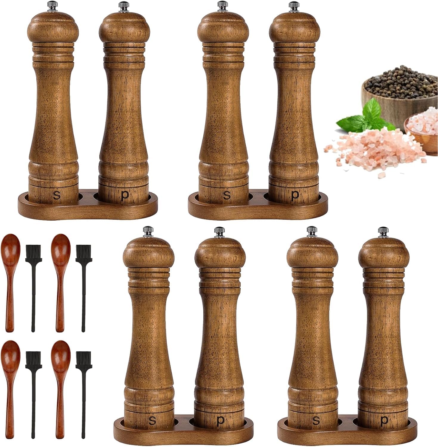 Wooden Salt and Pepper Grinder Set, Refillable Salt & Pepper Mill with Tray & Spoons, Adjustable Rubber Wood Salt & Pepper Shakers Holder with Ceramic Grinder (8)
